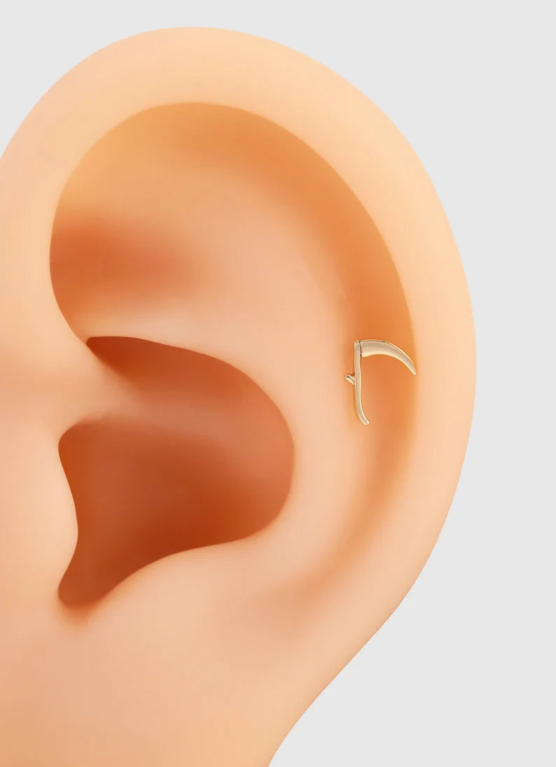 14k Solid Gold Curved Scythe Sickle Cartilage Stud