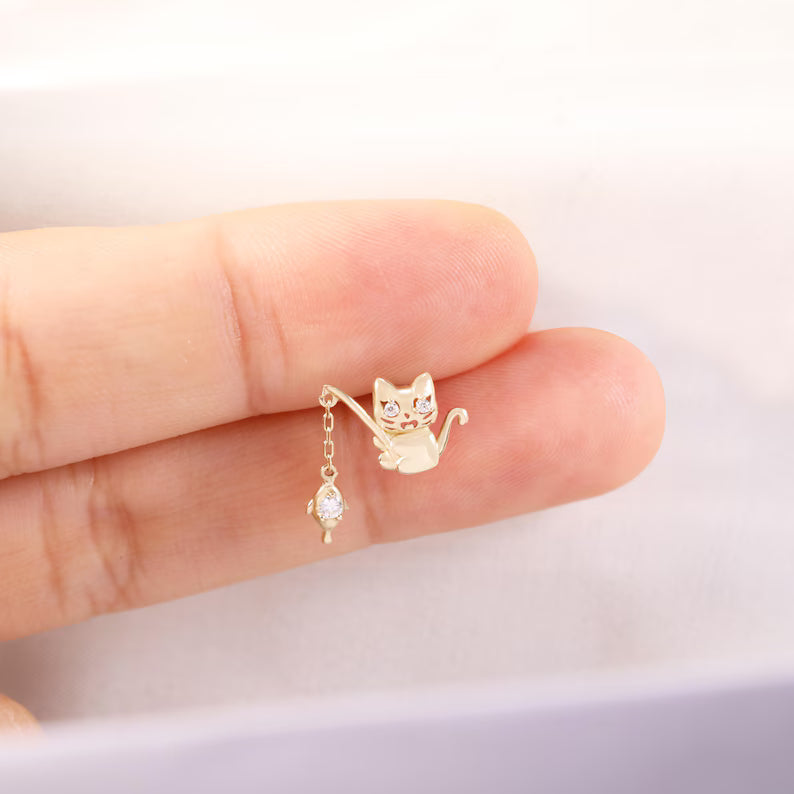 14K Gold Cat Catching Fish Stud