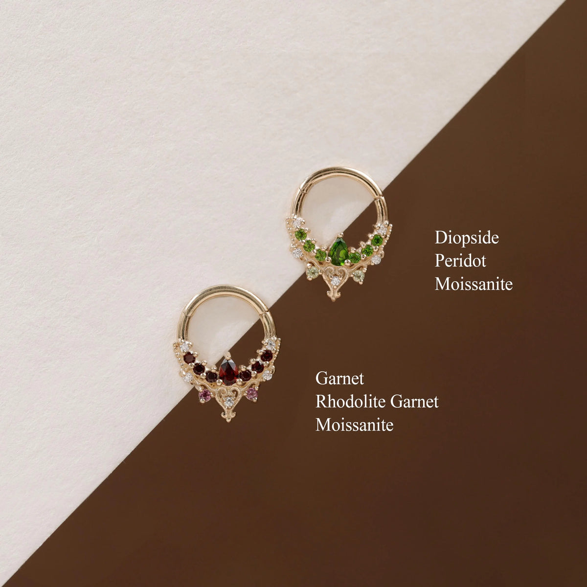 14K Solid Gold Garnet Diopside Hoop