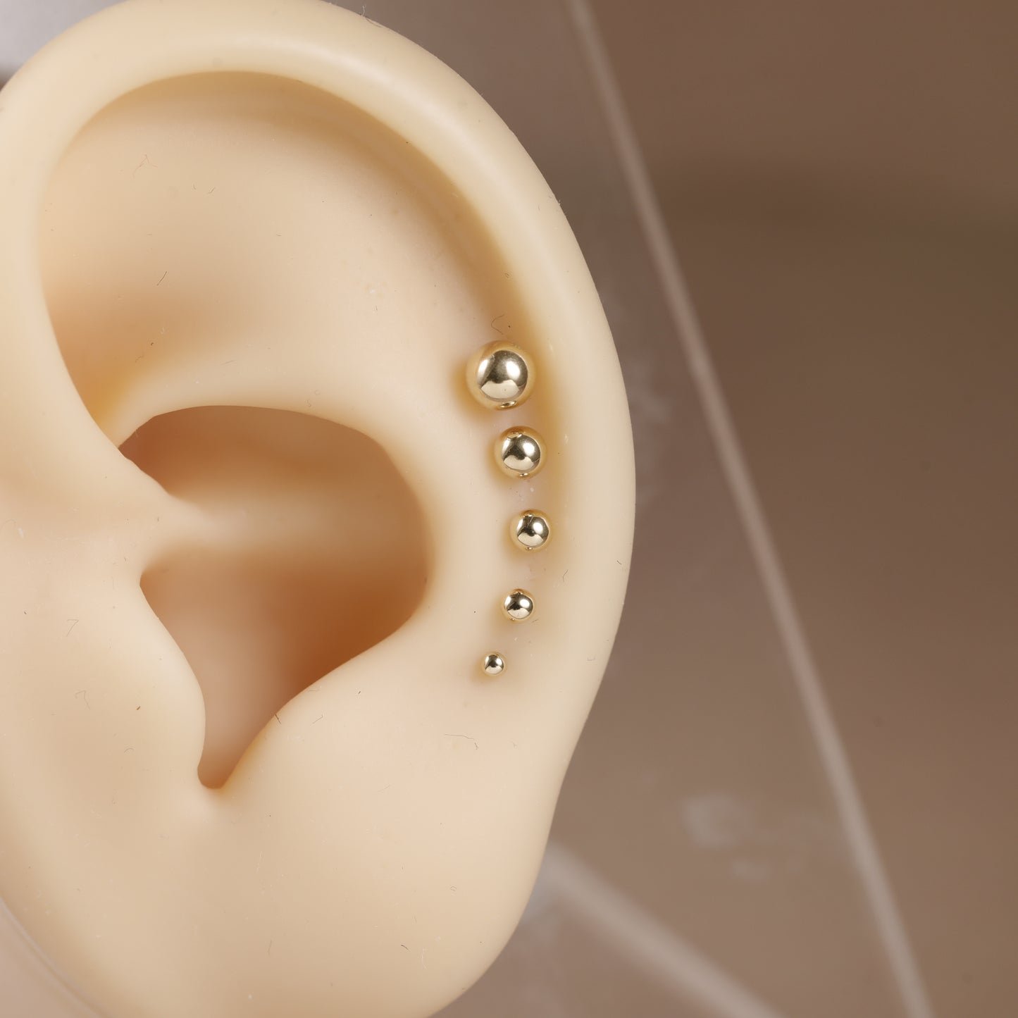 Four small gold-colored ear piercings displayed on a beige silicone ear model, shown against a neutral beige background.