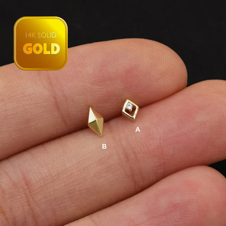 14K Solid Gold Mismatched Rhombus Stud Earrings