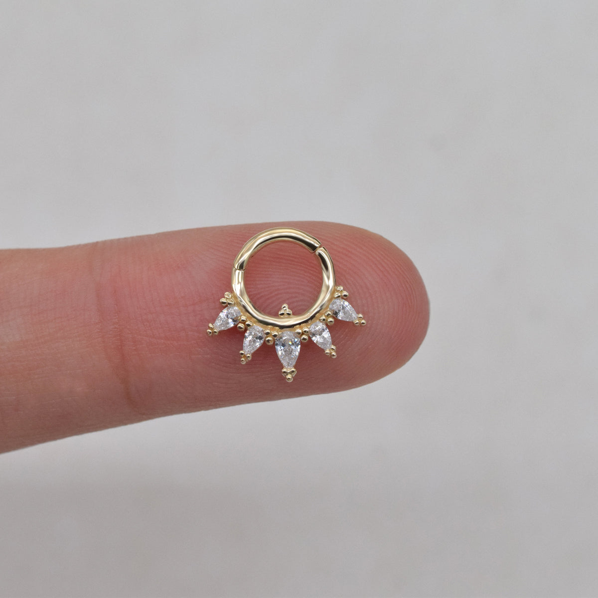 14K Solid Gold Pear-Shaped Stone Clicker Hoop