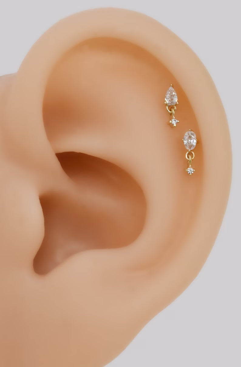 14K Solid Gold Teardrop with Dangling Stone Stud Earring