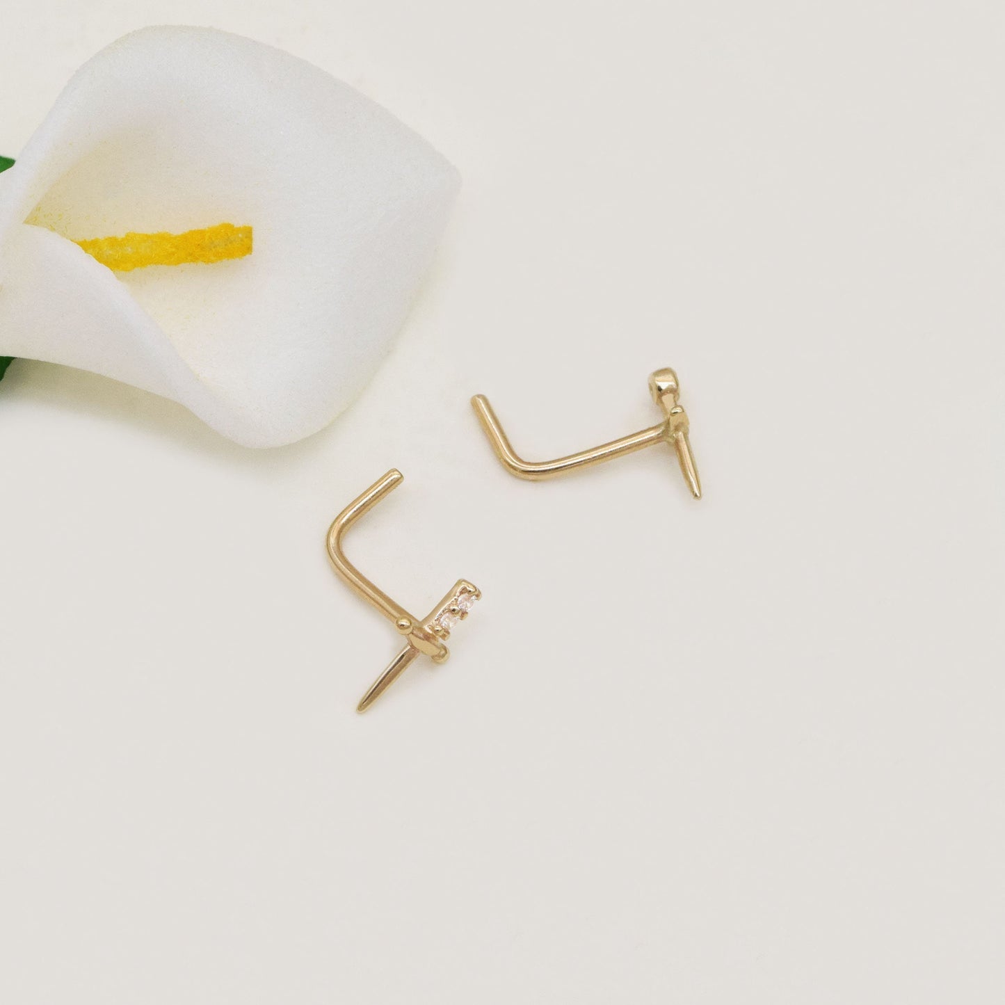 14K Solid Gold Sword Nose Stud Dagger L Shape 20g