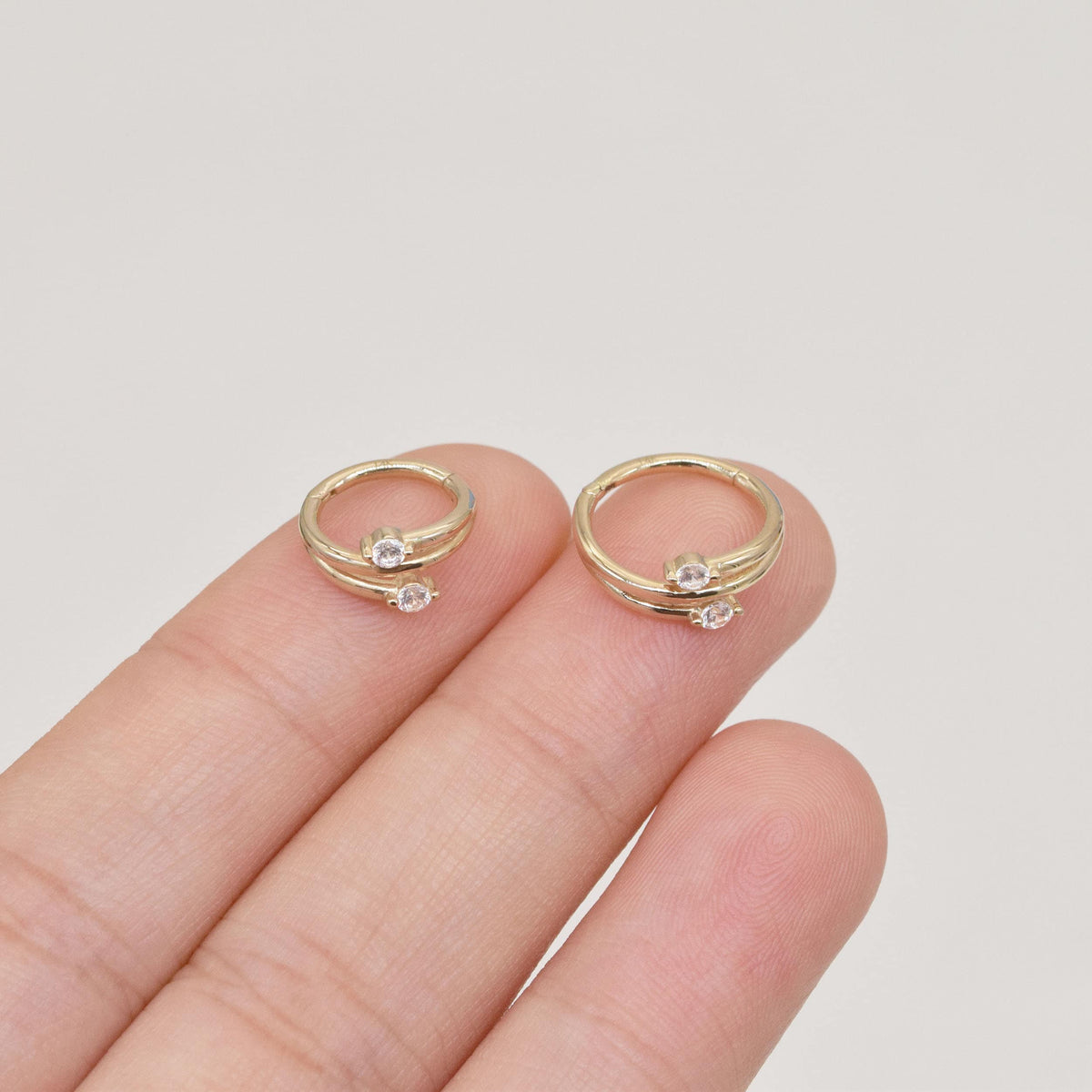 14K Solid Gold Sparkle Triple Row Clicker Hoop