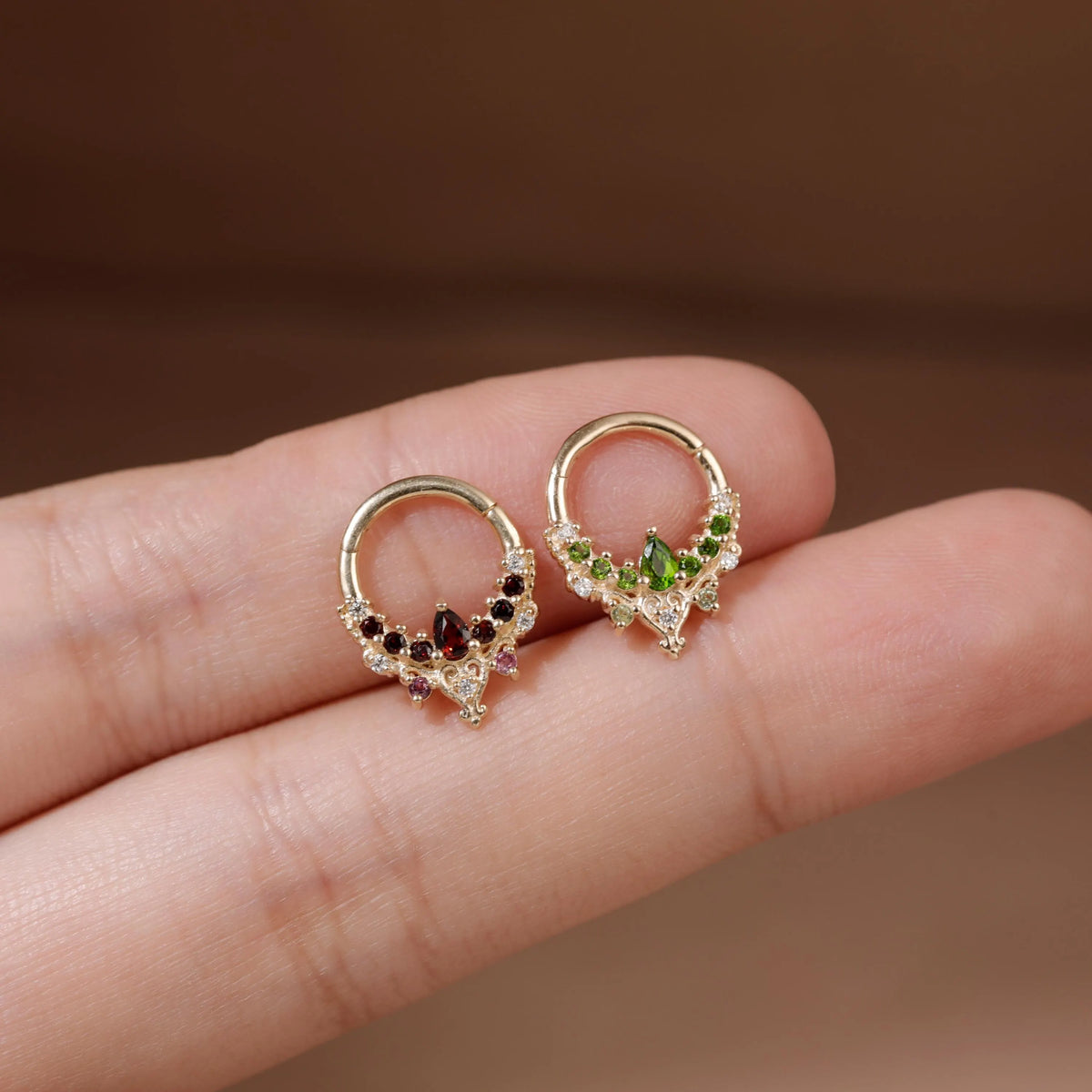 14K Solid Gold Garnet Diopside Hoop