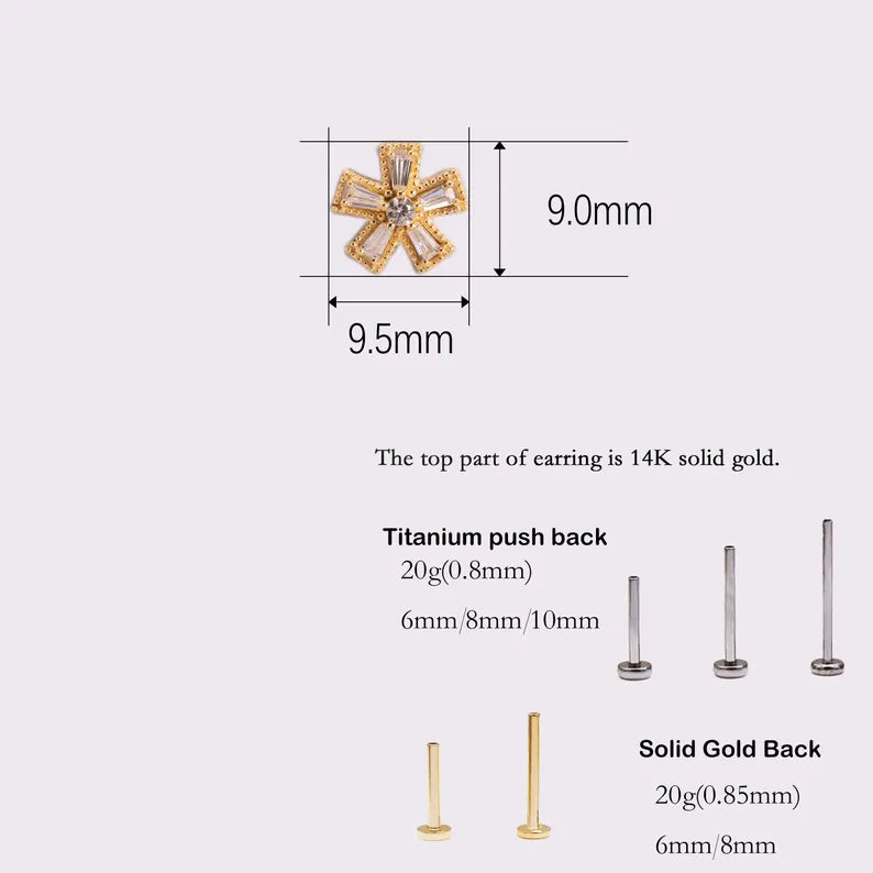 14K Solid Gold Snowflake Flower Cartilage Helix Tragus Stud