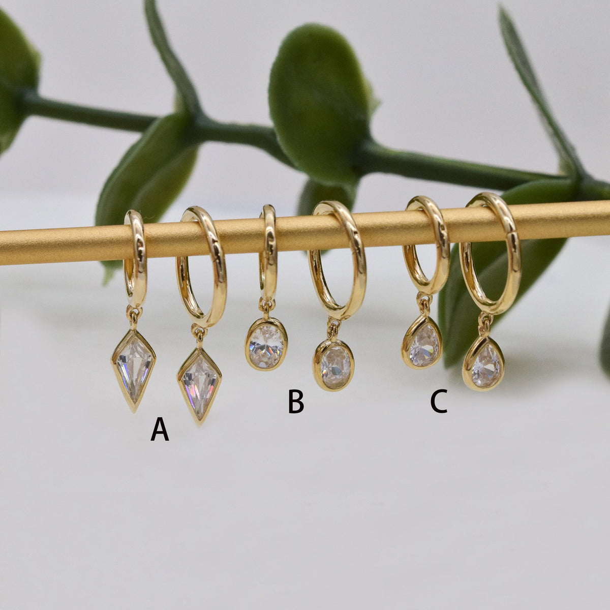 14K Solid Gold Dangling Stone Clicker Hoop - Kite / Oval / Teardrop