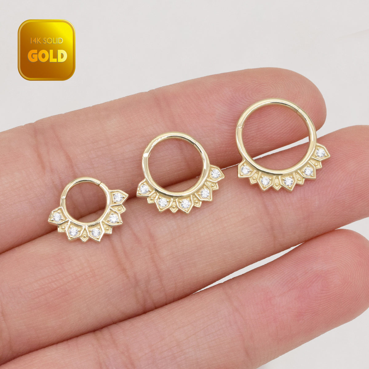 14K Solid Gold Sparkling Sunflower Petals Clicker Hoop