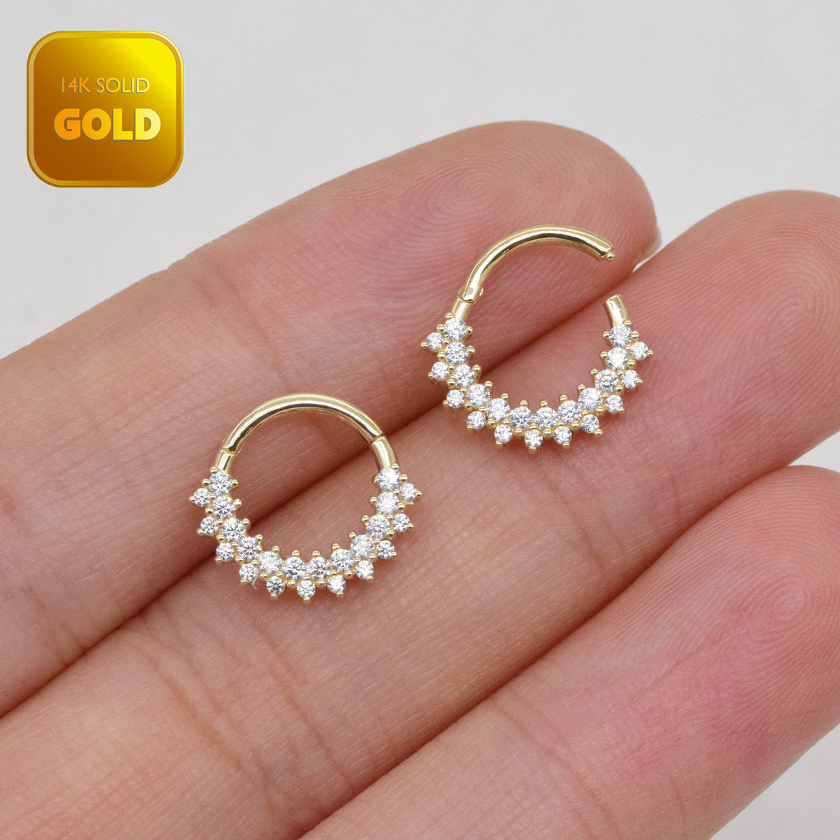 14K Solid Gold Double Row Cubic Zirconia Clicker Hoop