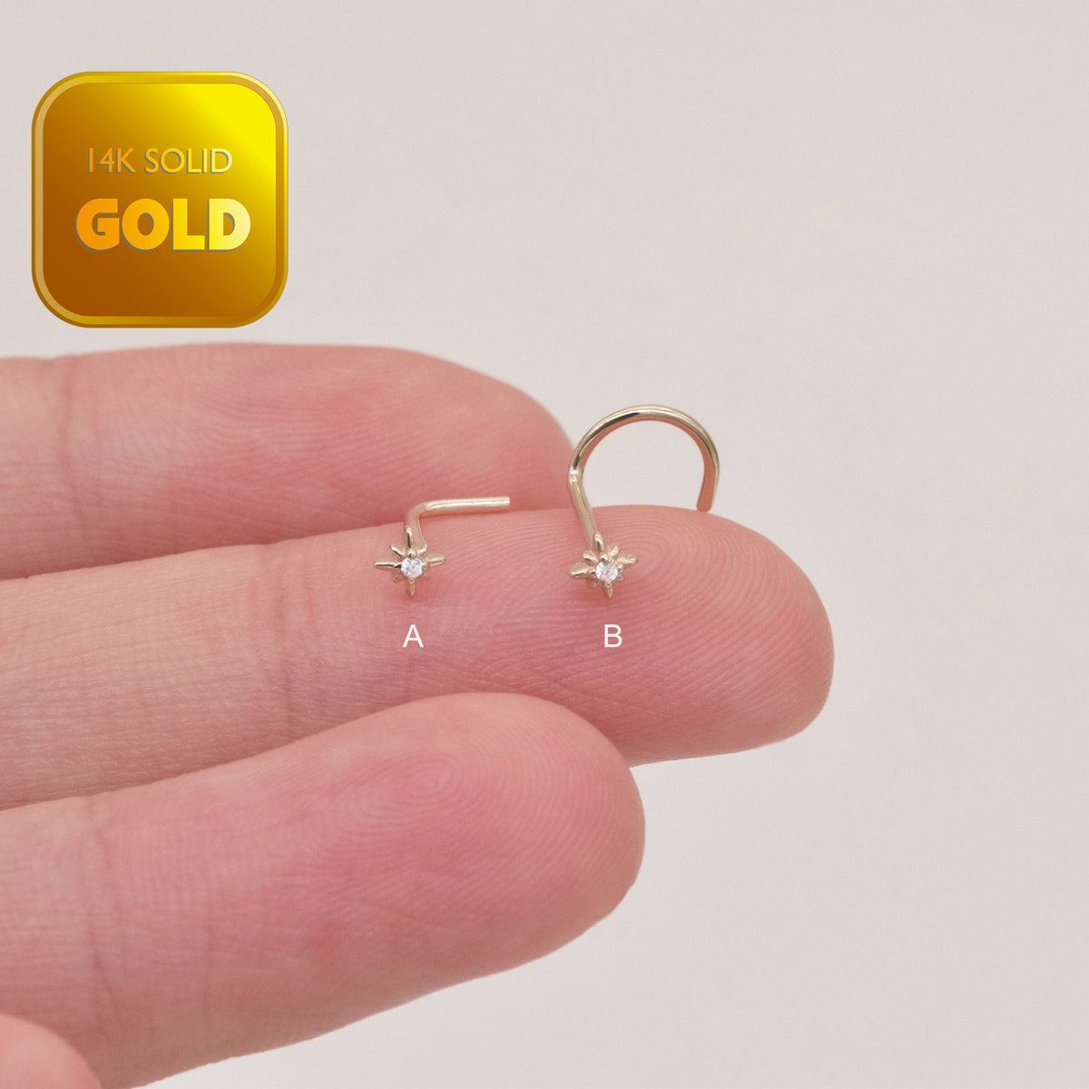 14K Solid Gold Nose Stud with Star Cubic Zirconia