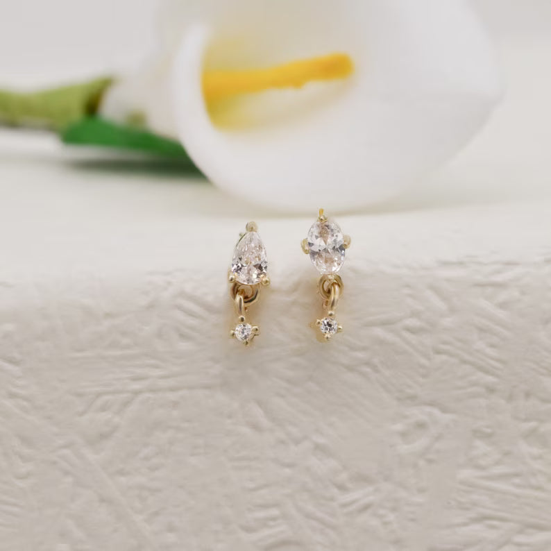 14K Solid Gold Teardrop with Dangling Stone Stud Earring