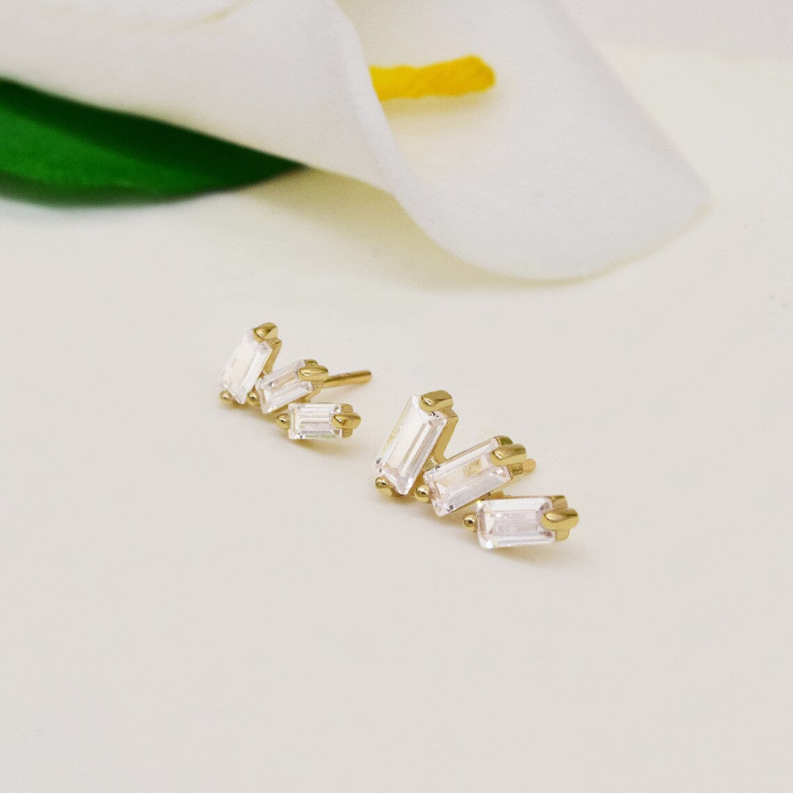 14K Gold Baguette Climber Stud
