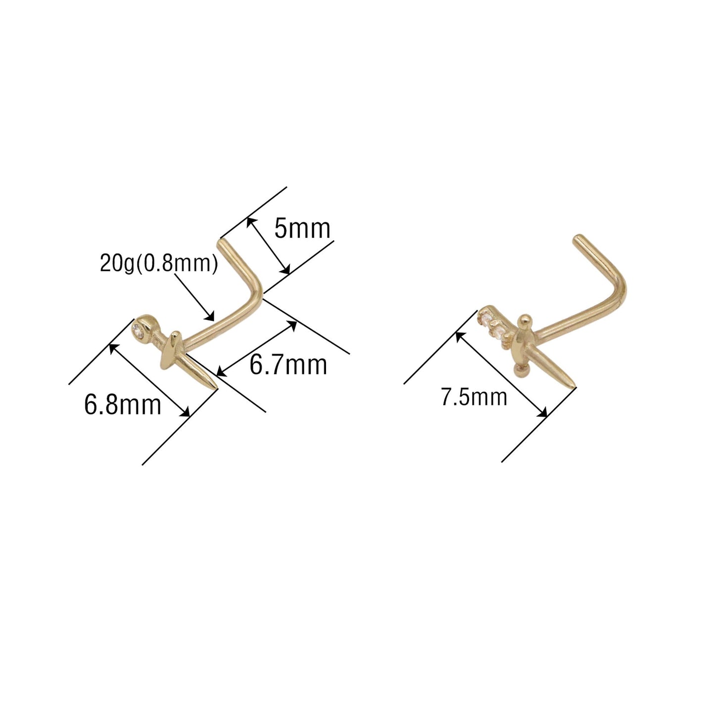 14K Solid Gold Sword Nose Stud Dagger L Shape 20g