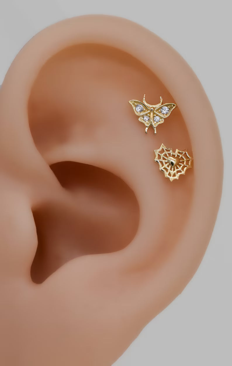 14K Solid Gold Moth & Web Mismatched Stud Earrings