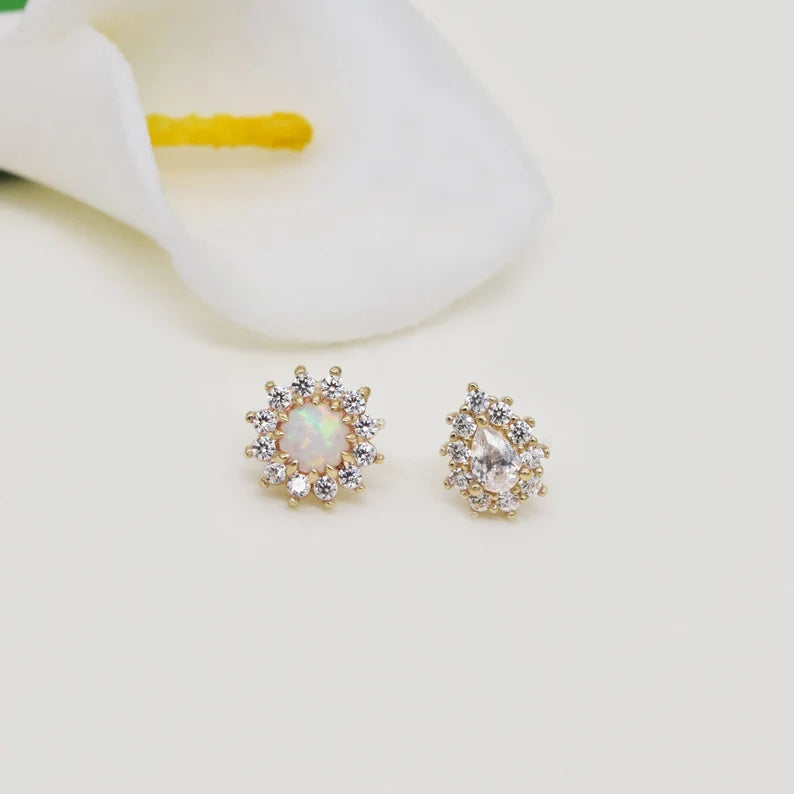 14K Gold Opal Sunflower Stud Cartilage Earring