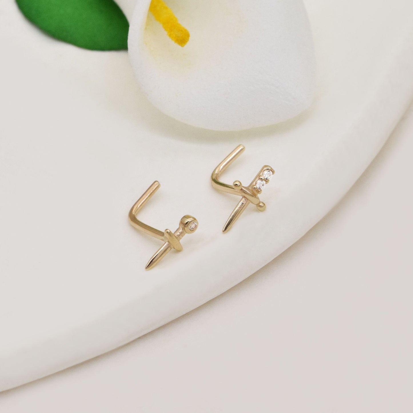 14K Solid Gold Sword Nose Stud Dagger L Shape 20g