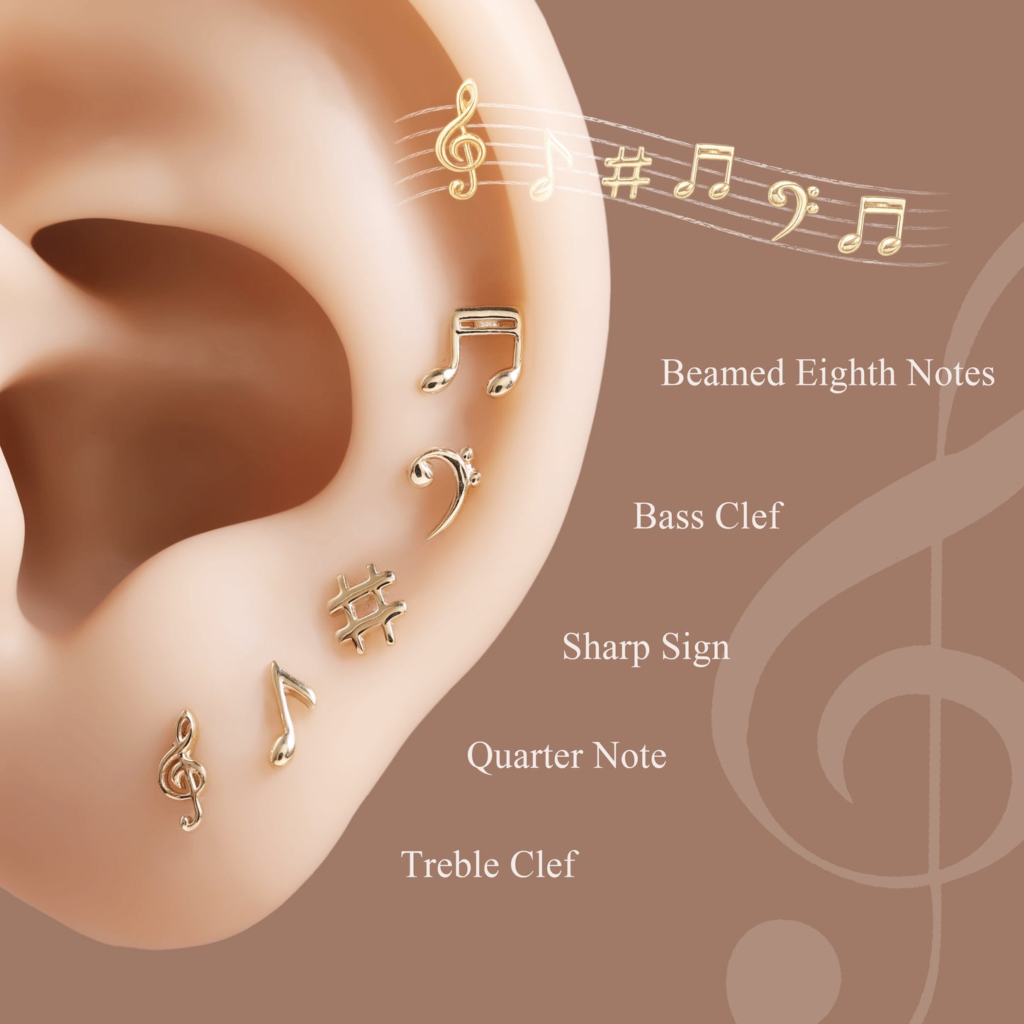 A close-up of a human ear showing several small gold-tone stud earrings placed on different cartilage locations, with text labels naming each design: Beamed Eighth Notes, Bass Clef, Sharp Sign, Quarter Note, and Treble Clef. Musical note graphics appear above the ear on a warm taupe background.
