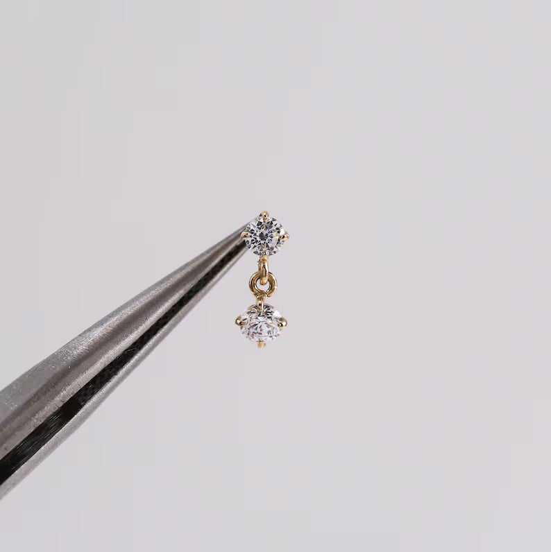 14K Gold CZ Dangle Cartilage Stud Earring