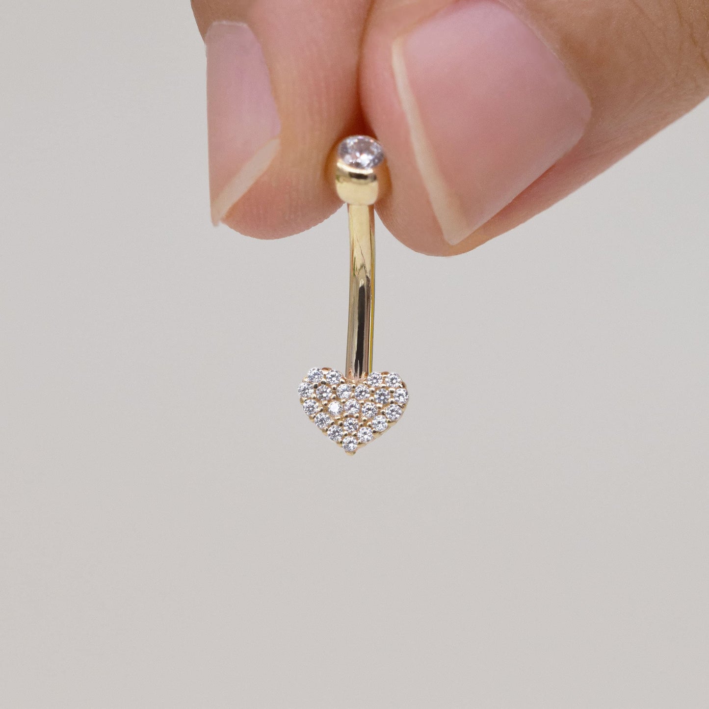 14k Solid Gold Heart Shape Belly Button Ring Heart Navel Piercing Cz Stone Threaded Navel Gold Belly Ring Barbell Piercing Jewelry 14g