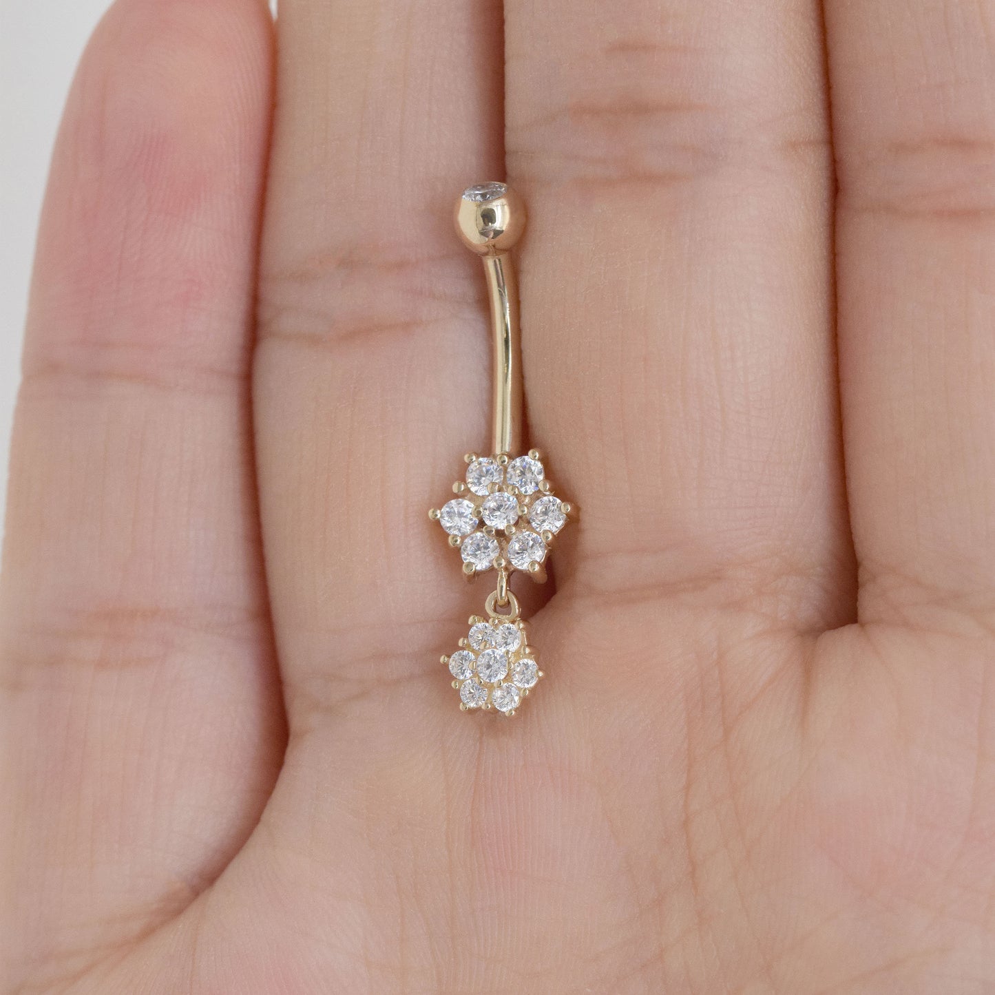 14k Solid Gold Dangle Flower Belly Button Ring Snowflake Navel Piercing Threaded Navel Belly Ring Barbell Piercing Jewelry Gift For Her 14g