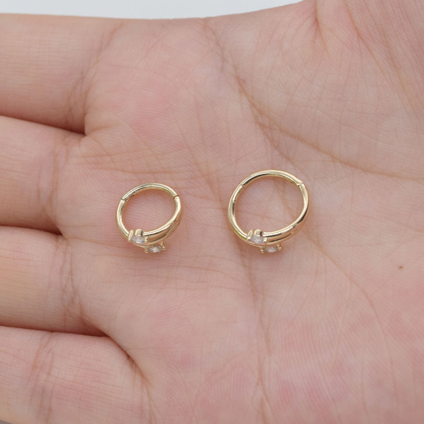 14k Solid Gold Triple Row Cliker Gold Cartilage Ring Daith Tragus Helx Earring Hoop Ring Two Stones Conch Piercing Jewelry 16g