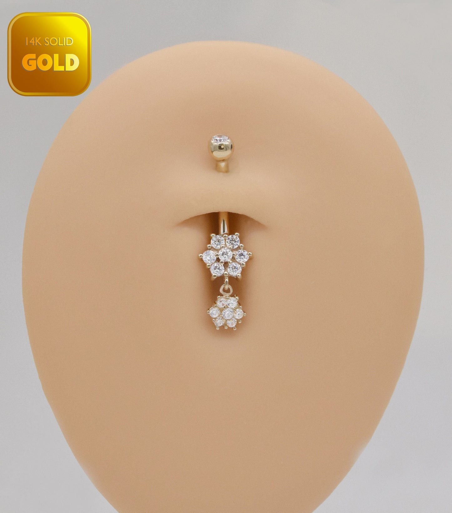 14k Solid Gold Dangle Flower Belly Button Ring Snowflake Navel Piercing Threaded Navel Belly Ring Barbell Piercing Jewelry Gift For Her 14g