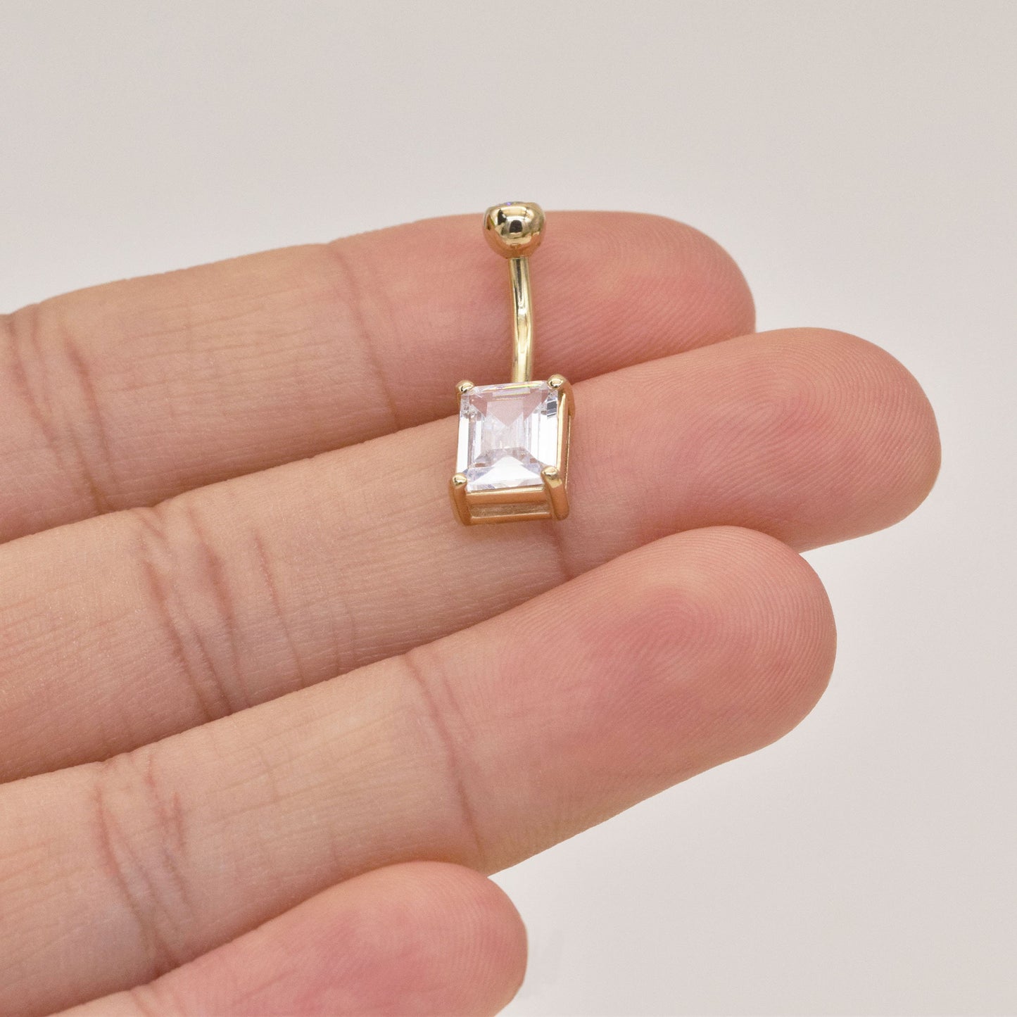 14k Solid Gold Rectangle Crystal Mounted Belly Button Ring Gold Threaded Baguette Navel Belly Ring Gold Square Barbell Piercing Jewelry 14g