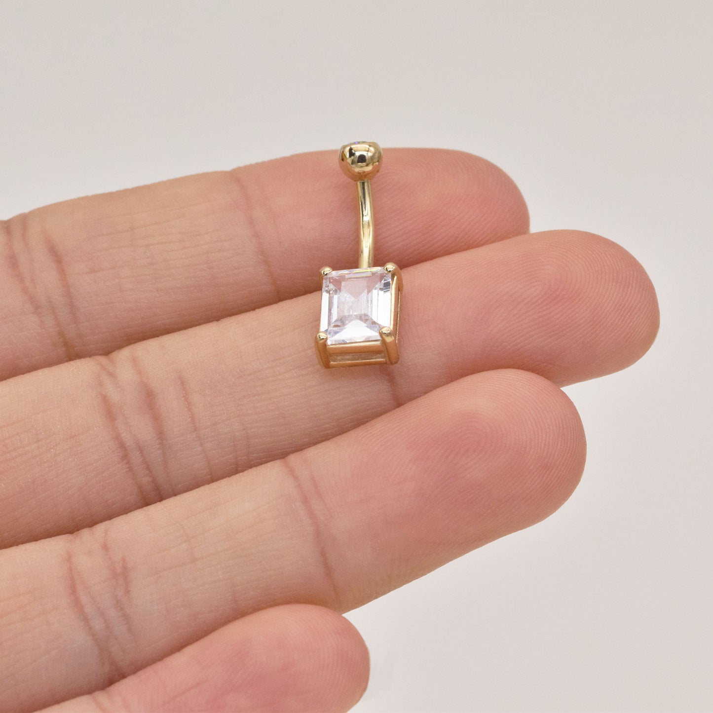 14k Solid Gold Rectangle Crystal Mounted Belly Button Ring Gold Threaded Baguette Navel Belly Ring Gold Square Barbell Piercing Jewelry 14g