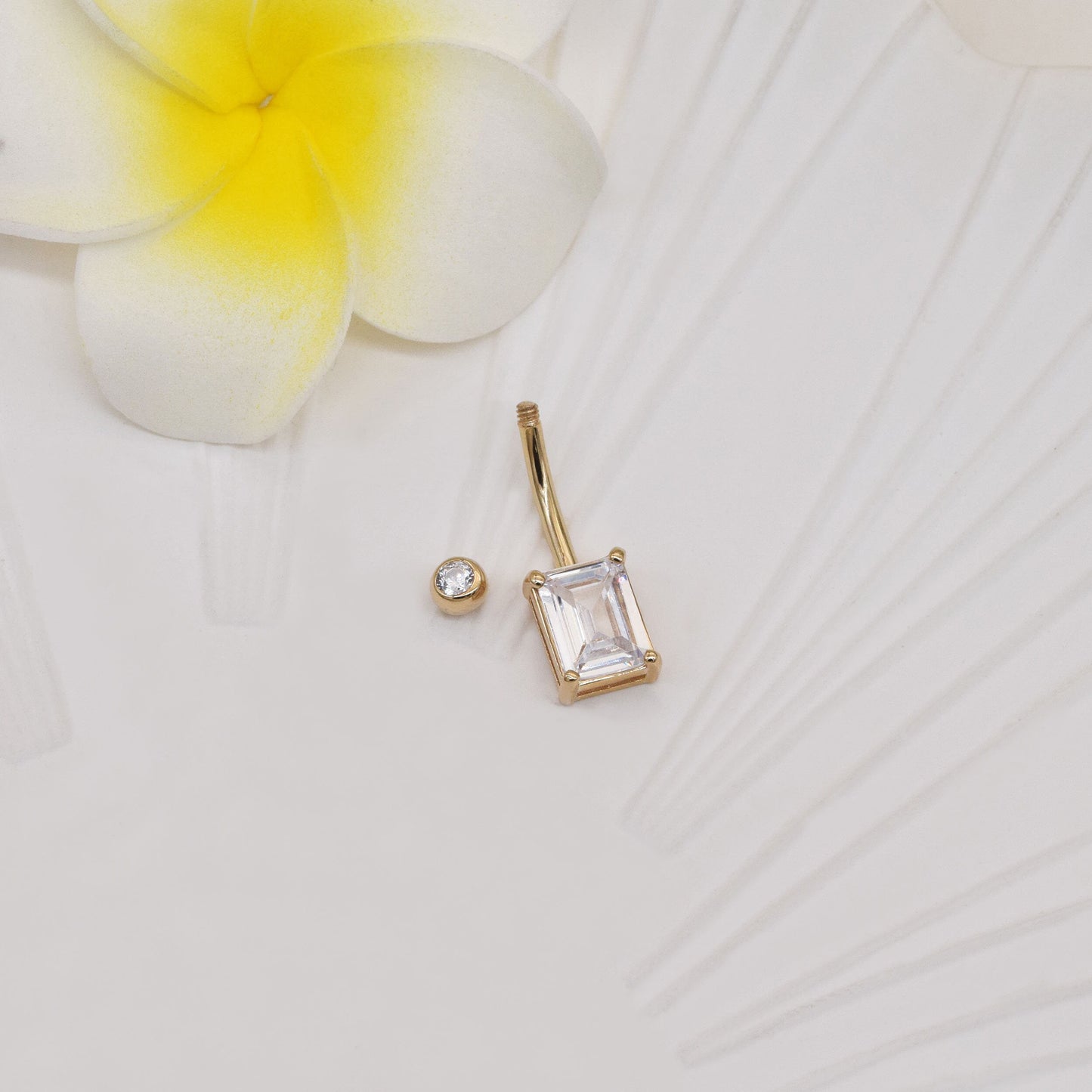 14k Solid Gold Rectangle Crystal Mounted Belly Button Ring Gold Threaded Baguette Navel Belly Ring Gold Square Barbell Piercing Jewelry 14g