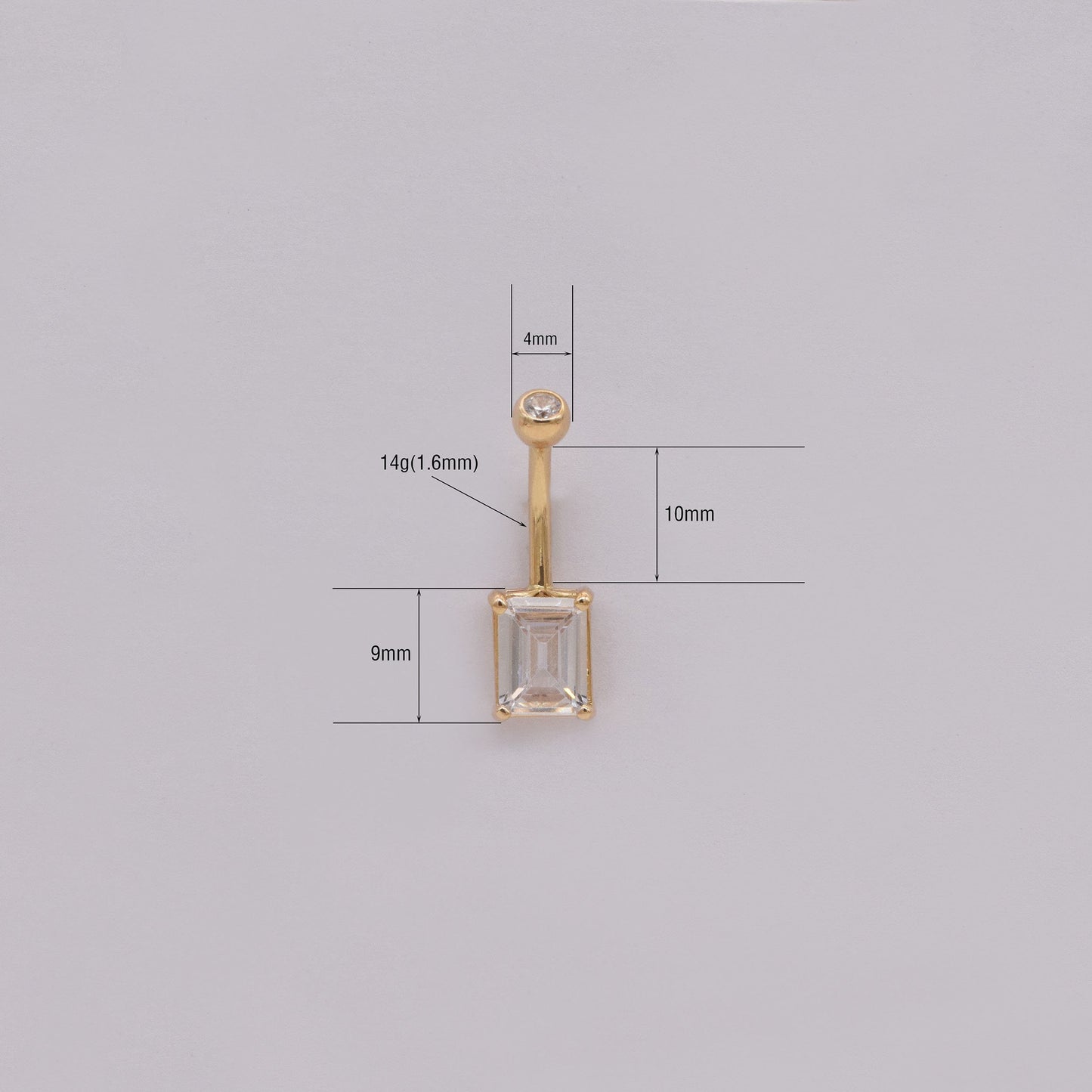 14k Solid Gold Rectangle Crystal Mounted Belly Button Ring Gold Threaded Baguette Navel Belly Ring Gold Square Barbell Piercing Jewelry 14g