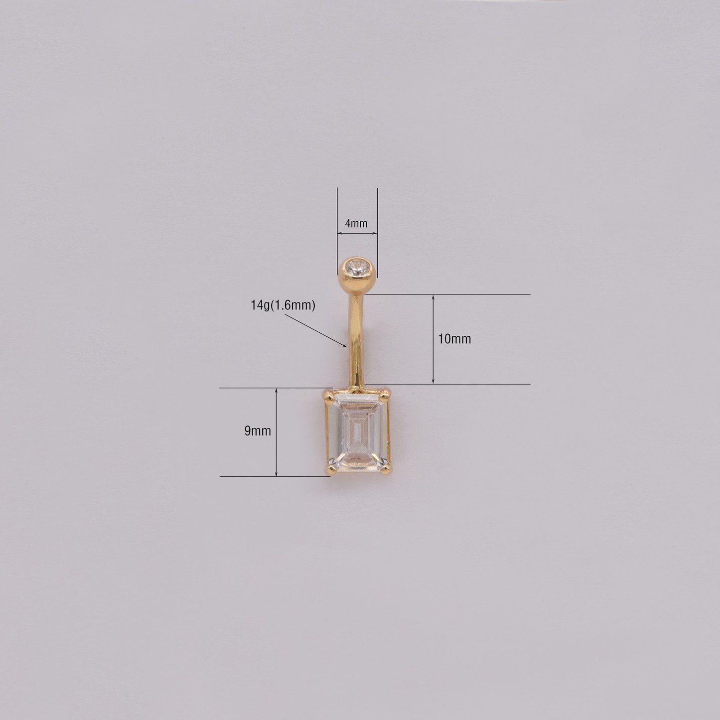 14k Solid Gold Rectangle Crystal Mounted Belly Button Ring Gold Threaded Baguette Navel Belly Ring Gold Square Barbell Piercing Jewelry 14g