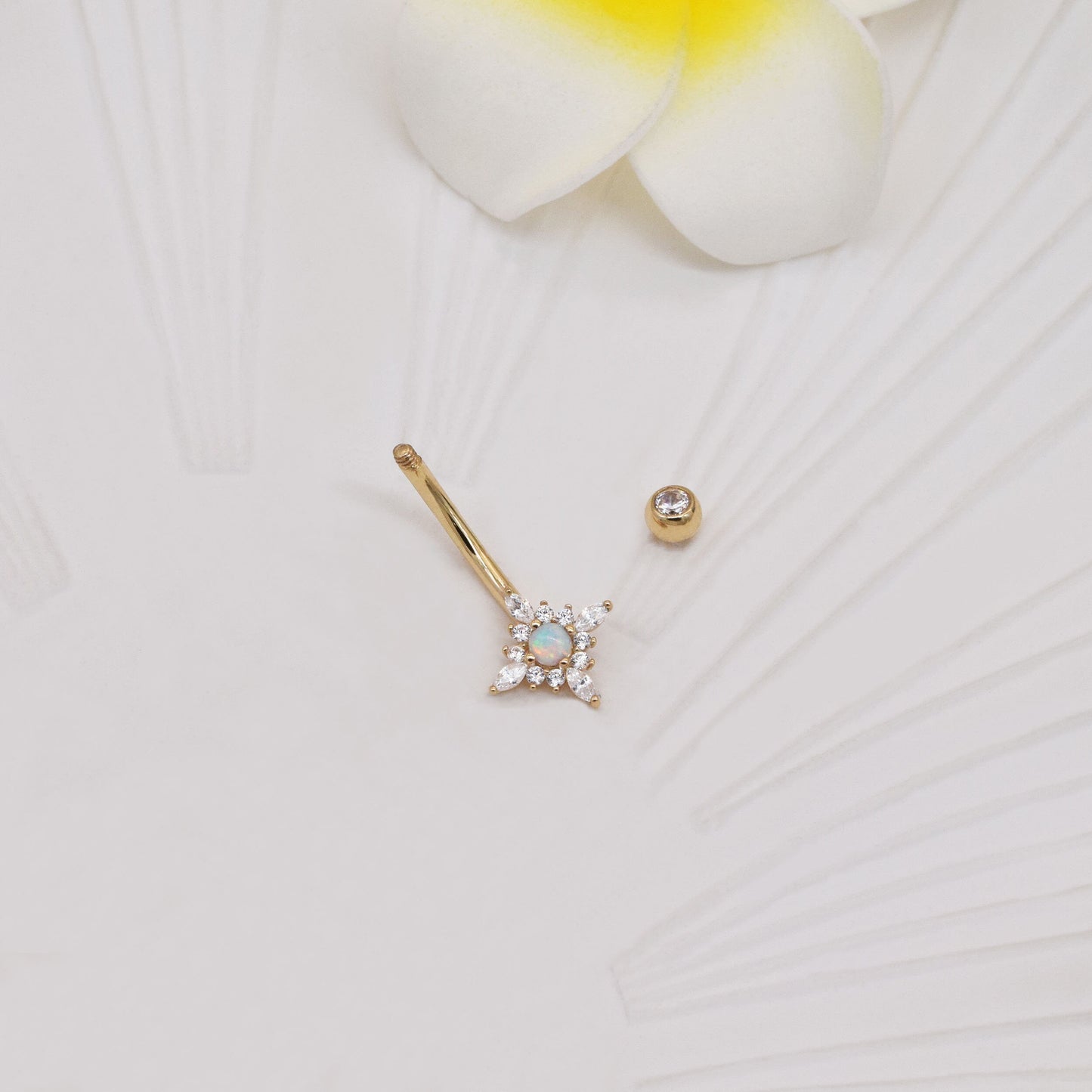 14k Solid Gold Flower Opal Belly Button Ring Dainty Opal Navel Piercing Threaded Navel Belly Ring Barbell Piercing Jewelry 14g