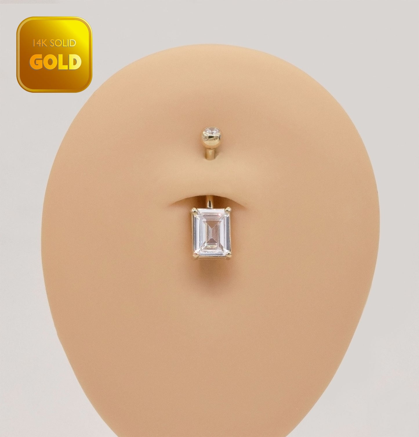 14k Solid Gold Rectangle Crystal Mounted Belly Button Ring Gold Threaded Baguette Navel Belly Ring Gold Square Barbell Piercing Jewelry 14g