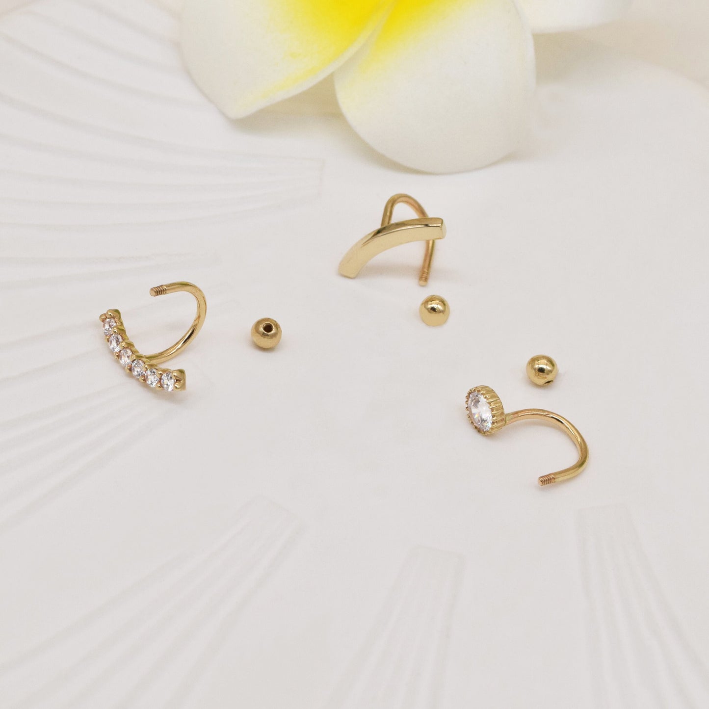 14k Solid Gold U Shape Double Hole Screw Ball Ear Piercing Open Huggie Earring Tragus Helix Cartilage Conch Cz Stud Earring Jewlery 18g