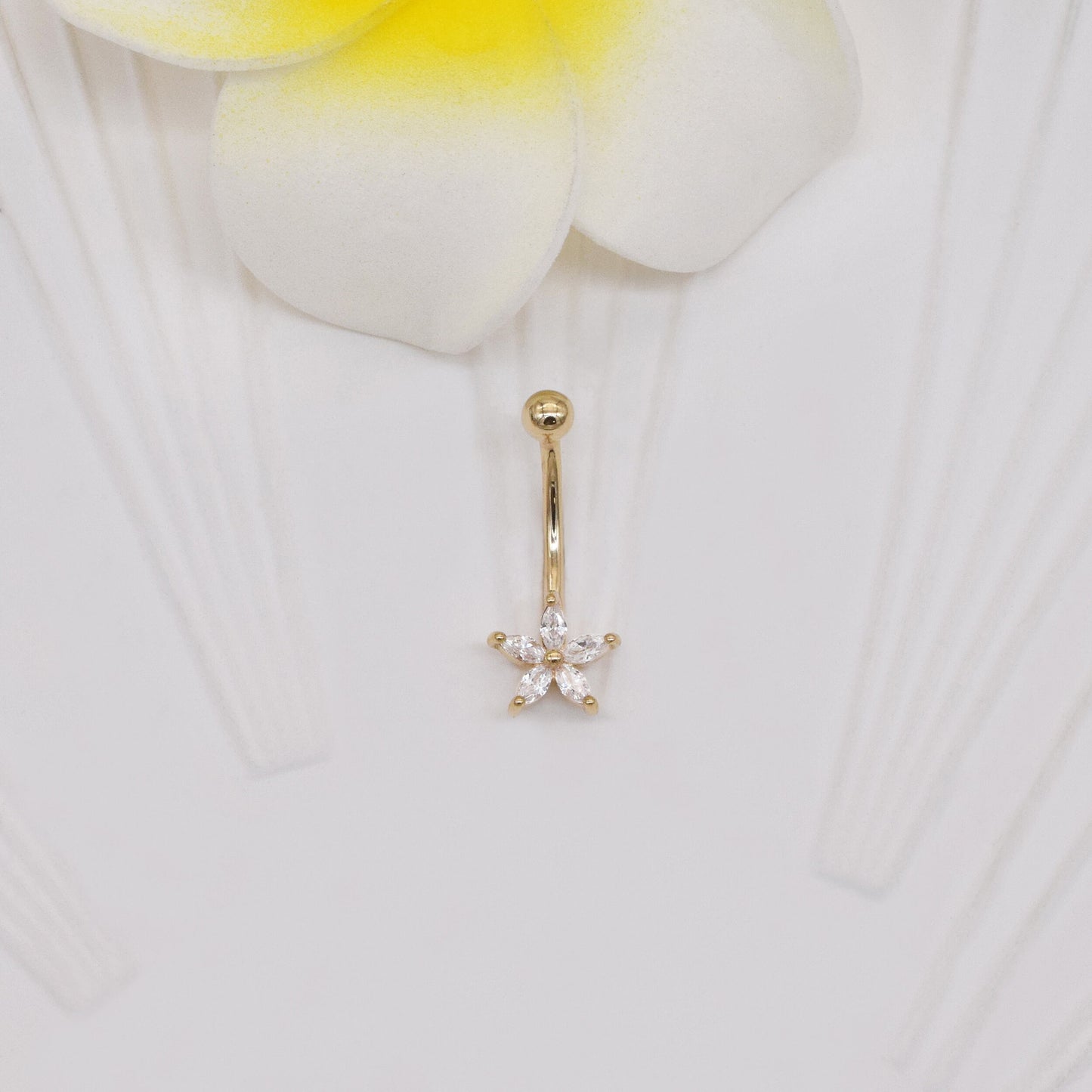 14k Solid Gold Flower Rook Earring Five Petals Earring Piercing Gold Navel Piercing CZ Belly Button Ring Navel Ring Gift For Her 16g