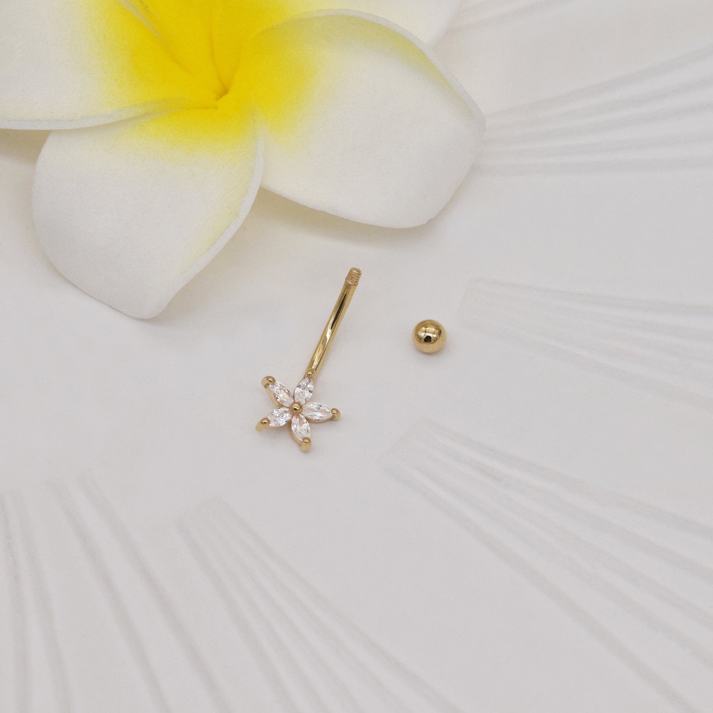 14k Solid Gold Flower Rook Earring Five Petals Earring Piercing Gold Navel Piercing CZ Belly Button Ring Navel Ring Gift For Her 16g