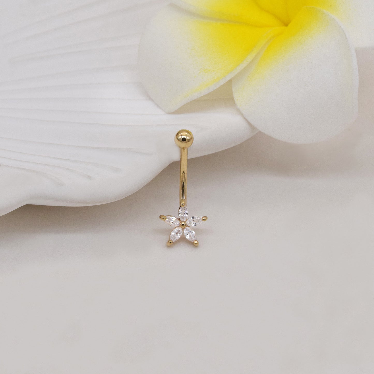 14k Solid Gold Flower Rook Earring Five Petals Earring Piercing Gold Navel Piercing CZ Belly Button Ring Navel Ring Gift For Her 16g