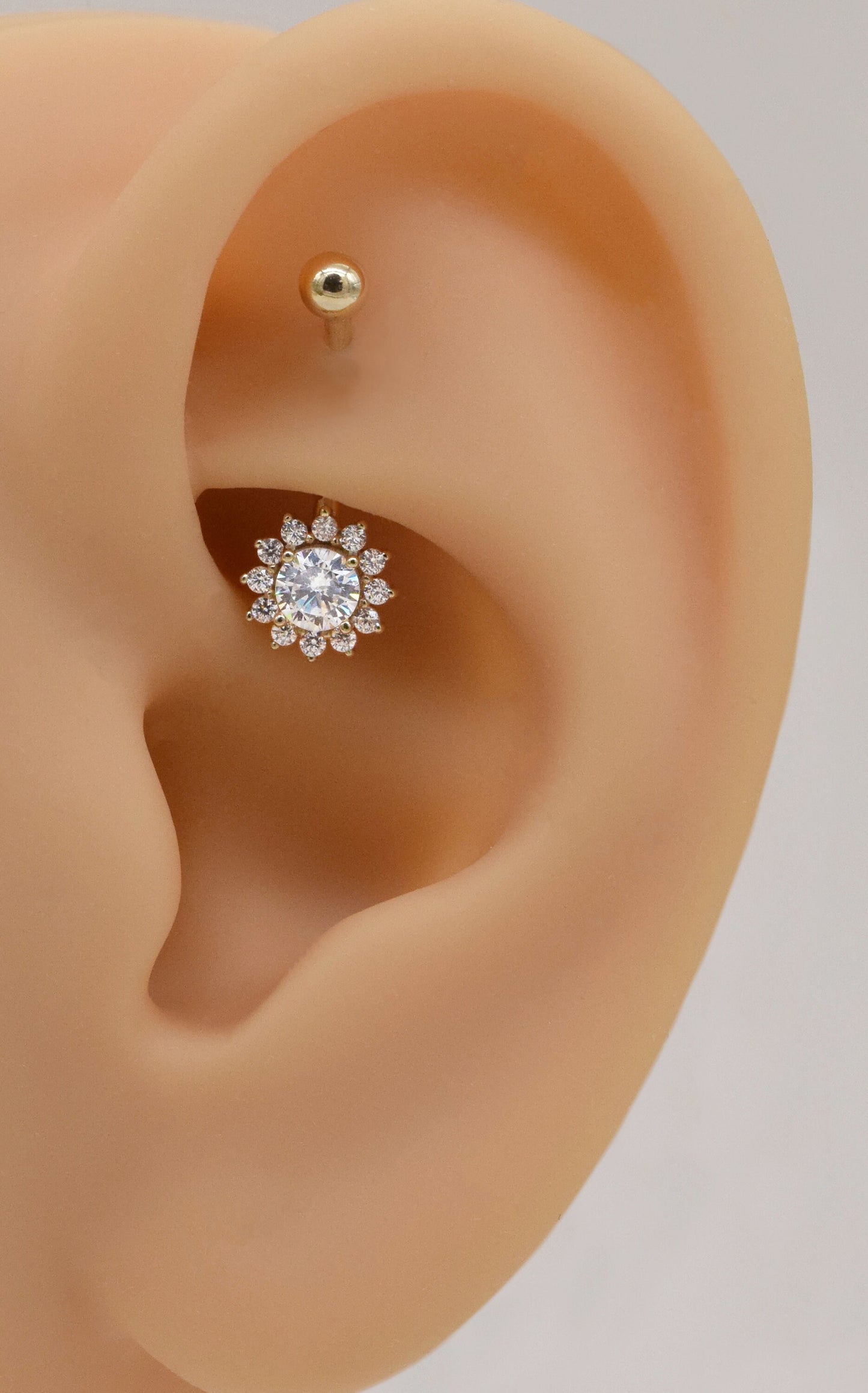 14k Solid Gold Flower Rook Piercing Curved Barbell Sunflower Navel Ring Cluster Belly Button Ring Dainty Rook Earring Gift For Her 16g