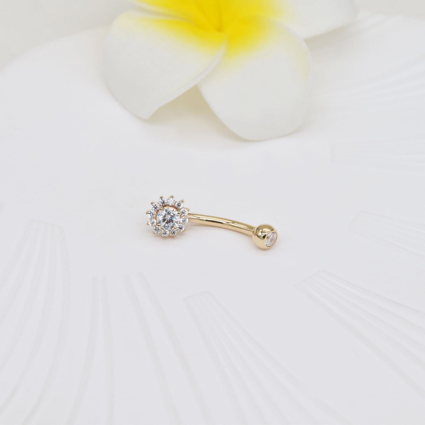 14k Solid Gold Sunflower Belly Button Ring Dainty Navel Piercing Flower Threaded Navel Belly Ring Gold Curved Barbell Piercing Jewelry 14g