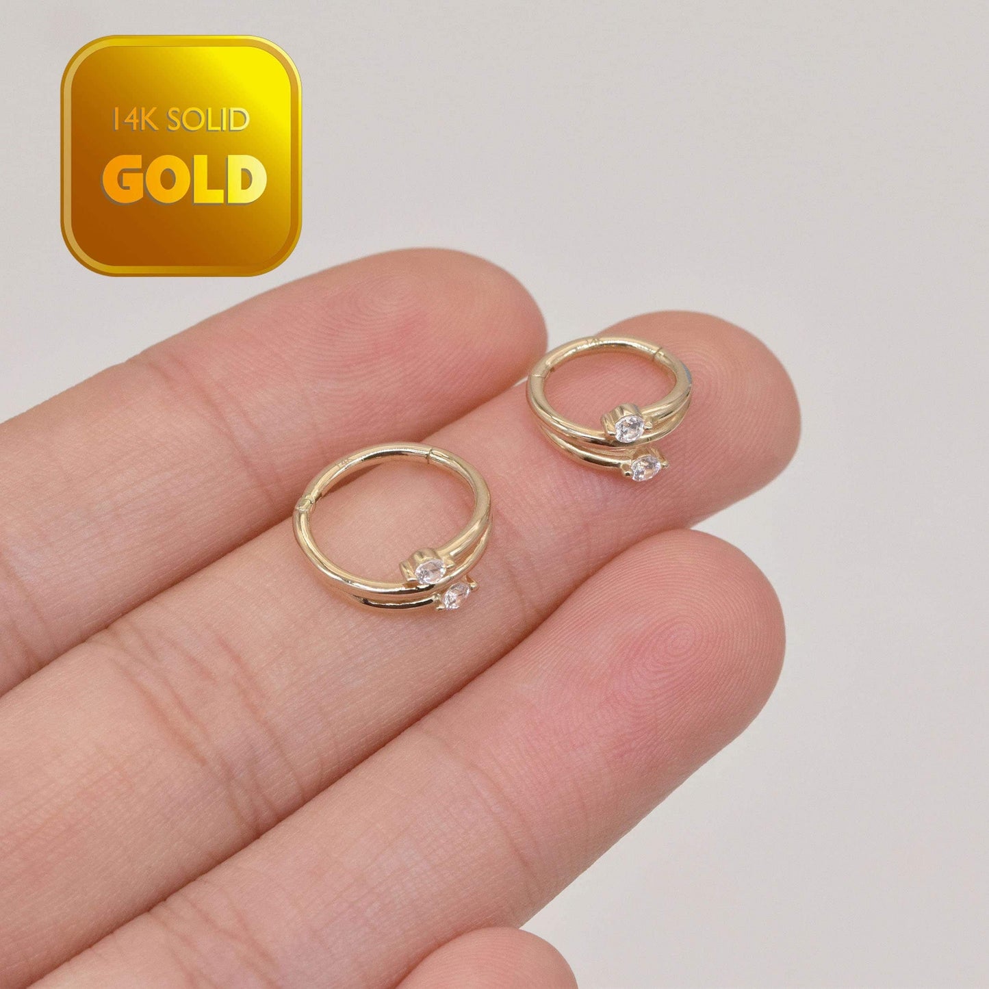 14k Solid Gold Triple Row Cliker Gold Cartilage Ring Daith Tragus Helx Earring Hoop Ring Two Stones Conch Piercing Jewelry 16g