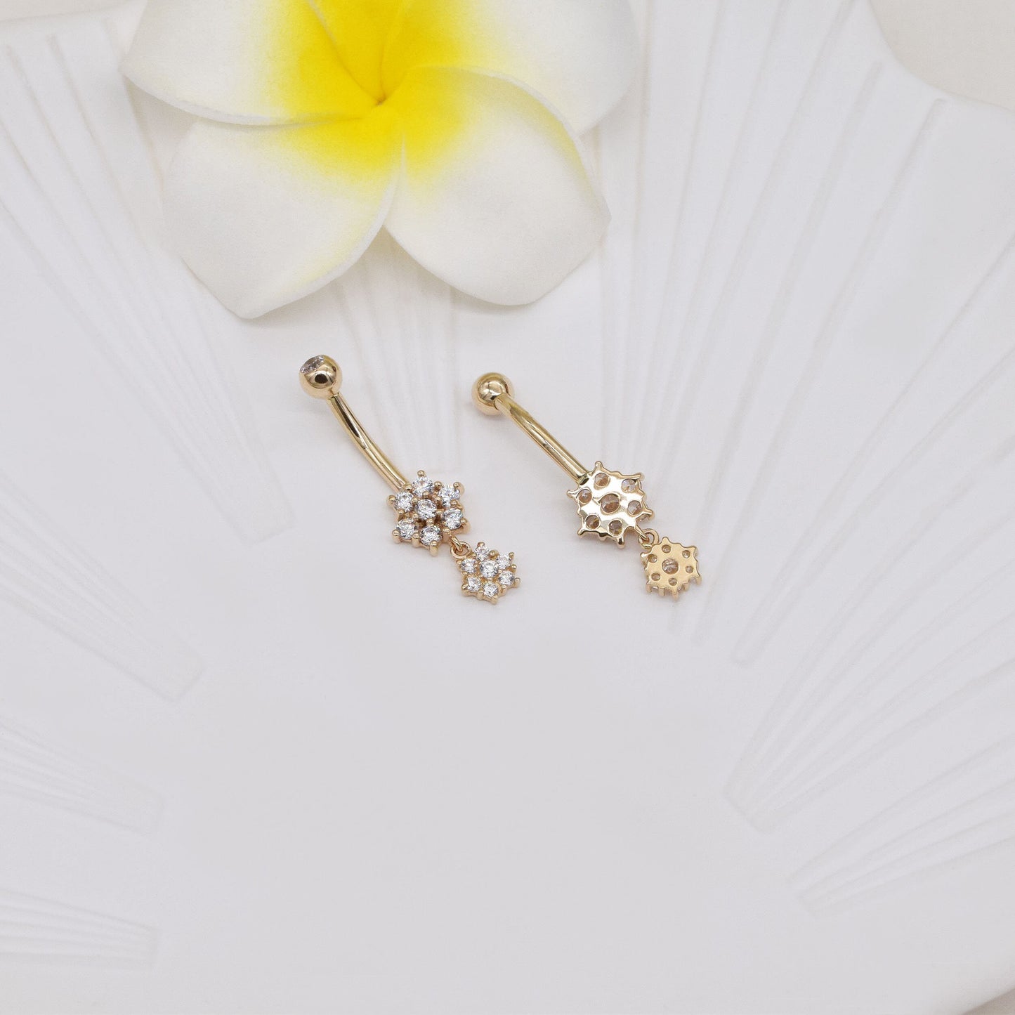 14k Solid Gold Dangle Flower Belly Button Ring Snowflake Navel Piercing Threaded Navel Belly Ring Barbell Piercing Jewelry Gift For Her 14g