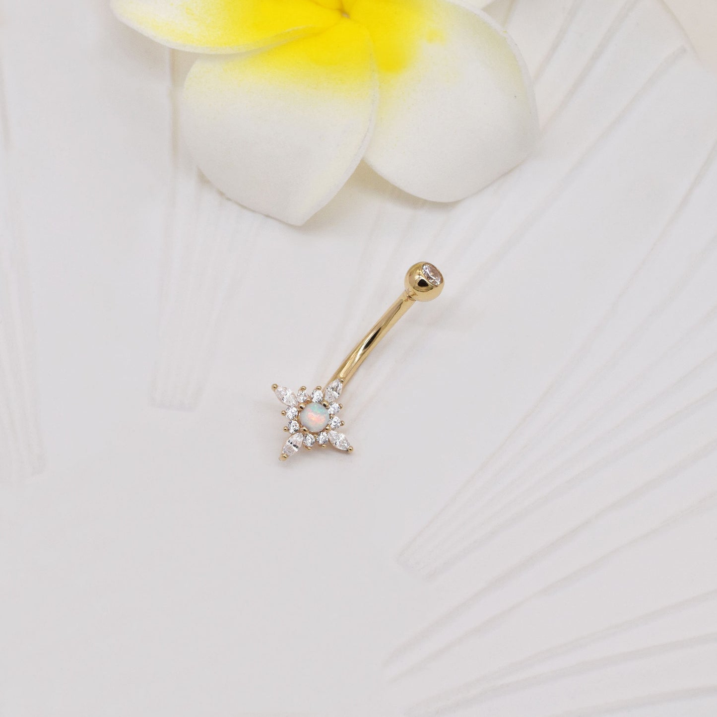 14k Solid Gold Flower Opal Belly Button Ring Dainty Opal Navel Piercing Threaded Navel Belly Ring Barbell Piercing Jewelry 14g