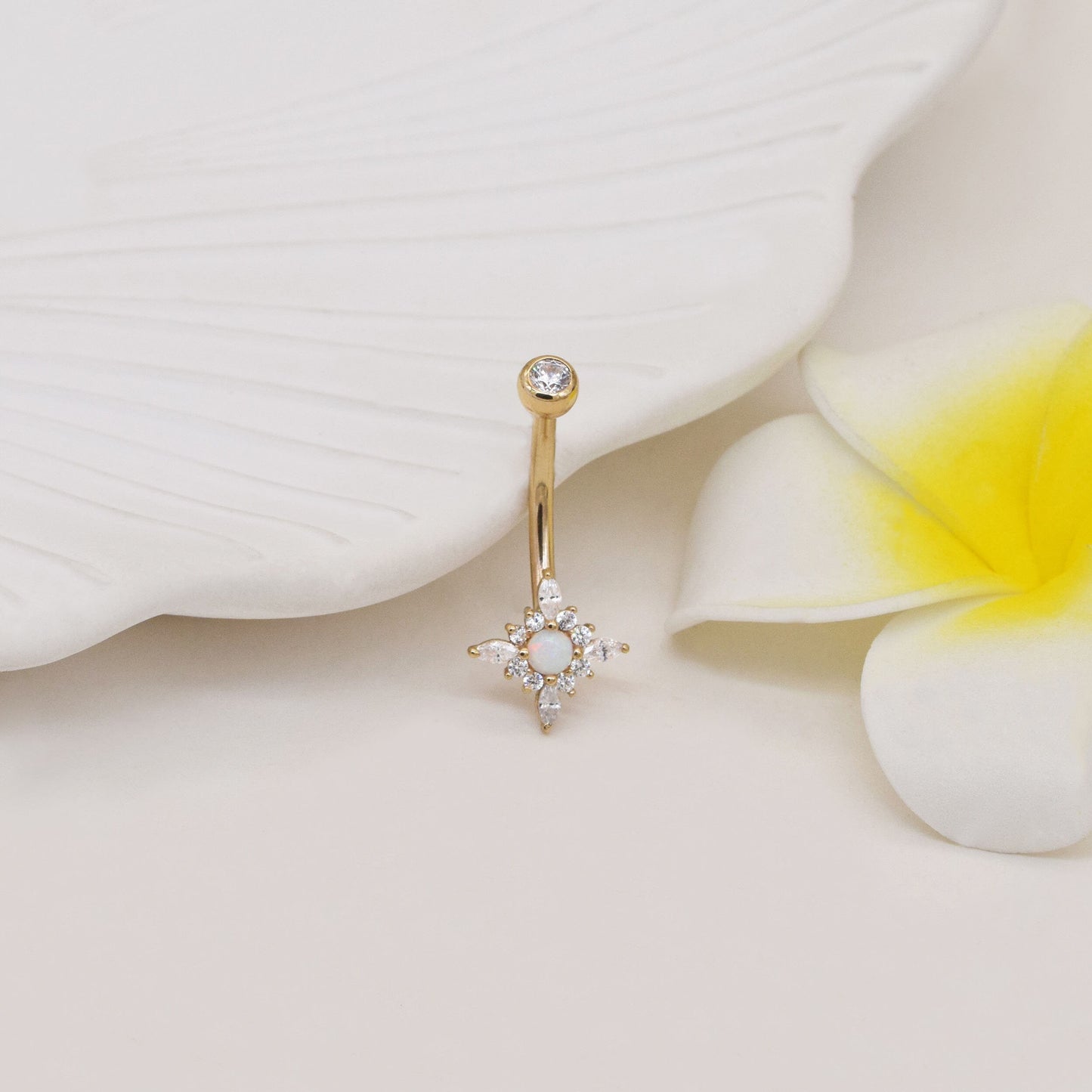 14k Solid Gold Flower Opal Belly Button Ring Dainty Opal Navel Piercing Threaded Navel Belly Ring Barbell Piercing Jewelry 14g