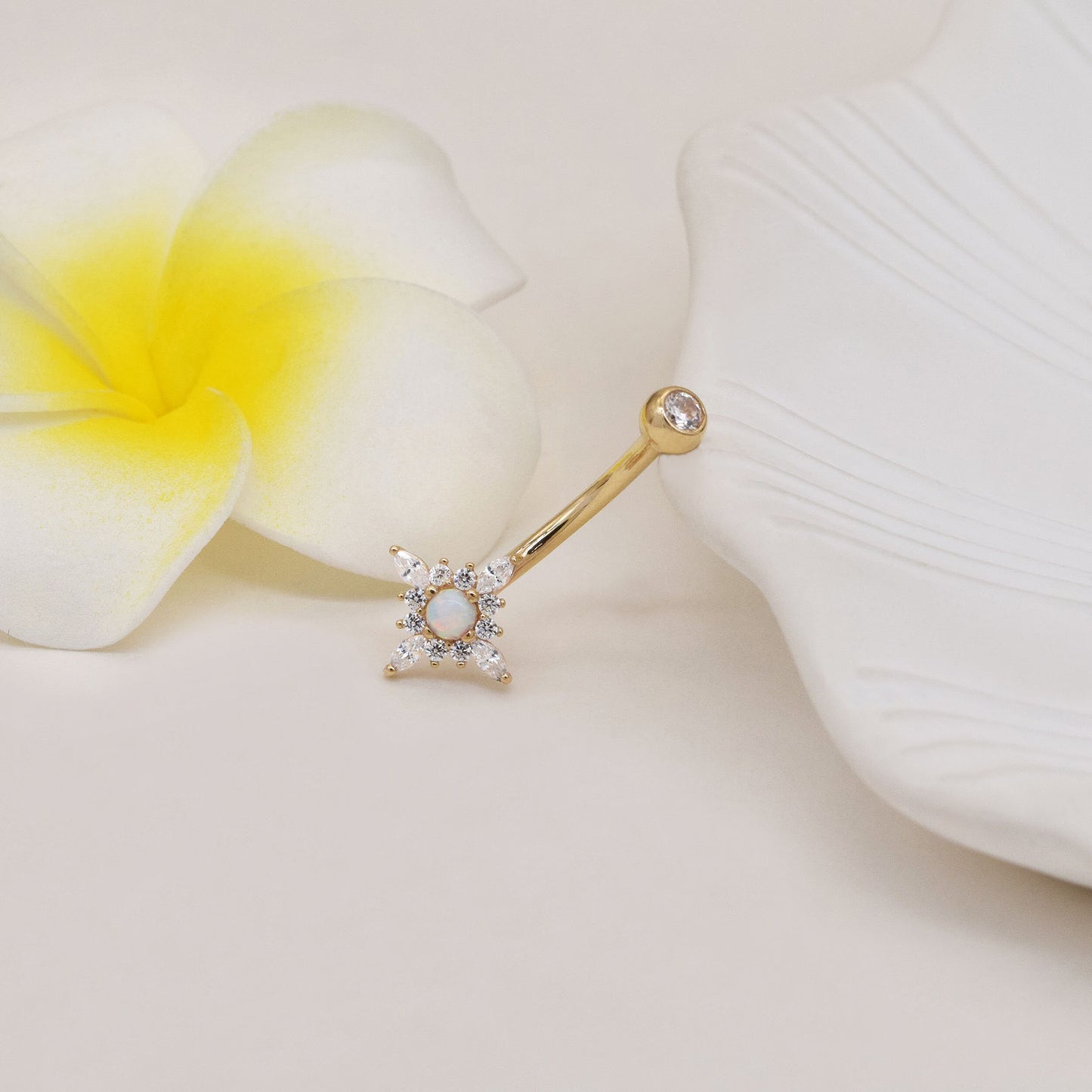 14k Solid Gold Flower Opal Belly Button Ring Dainty Opal Navel Piercing Threaded Navel Belly Ring Barbell Piercing Jewelry 14g