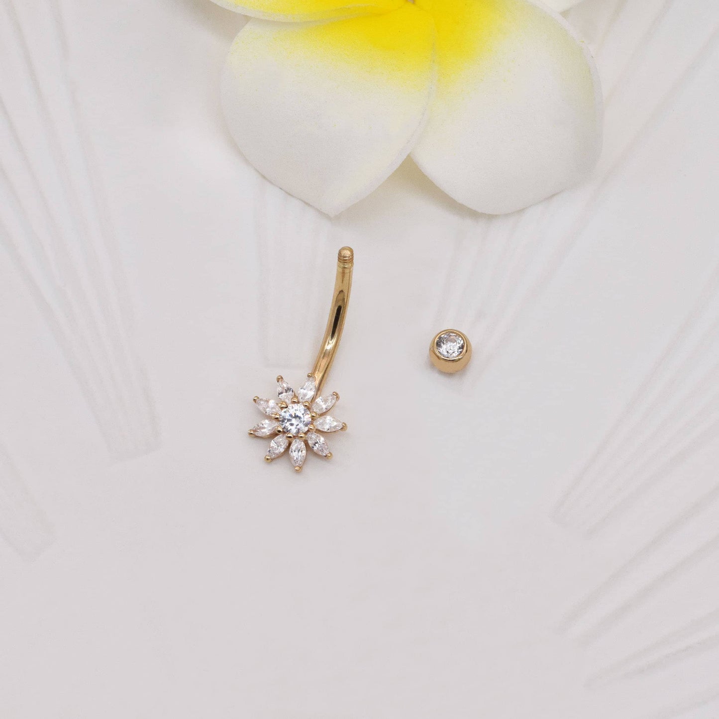 14k Solid Gold Flower Belly Button Ring Sunflower Diamond Navel Piercing Threaded Cz Navel Ring Barbell Piercing Jewelry Gift For Her 14g