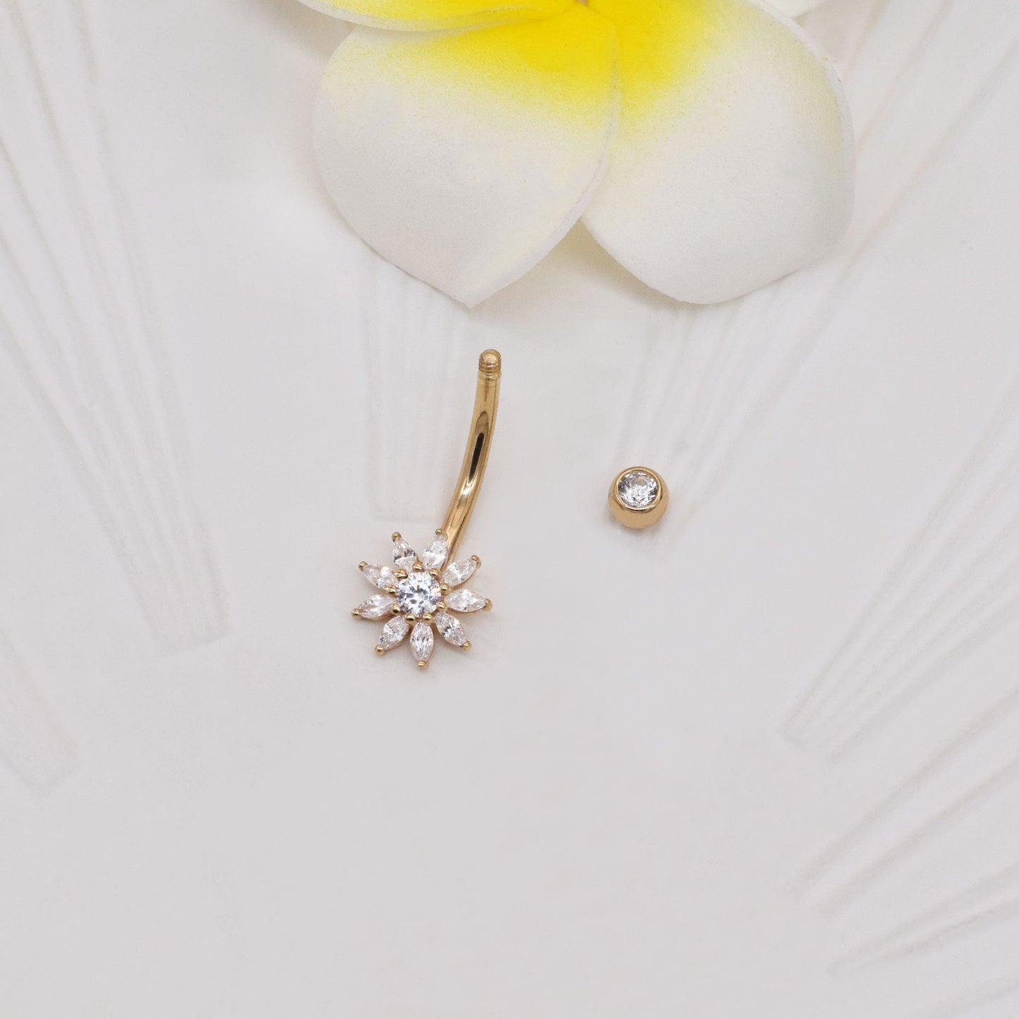 14k Solid Gold Flower Belly Button Ring Sunflower Diamond Navel Piercing Threaded Cz Navel Ring Barbell Piercing Jewelry Gift For Her 14g