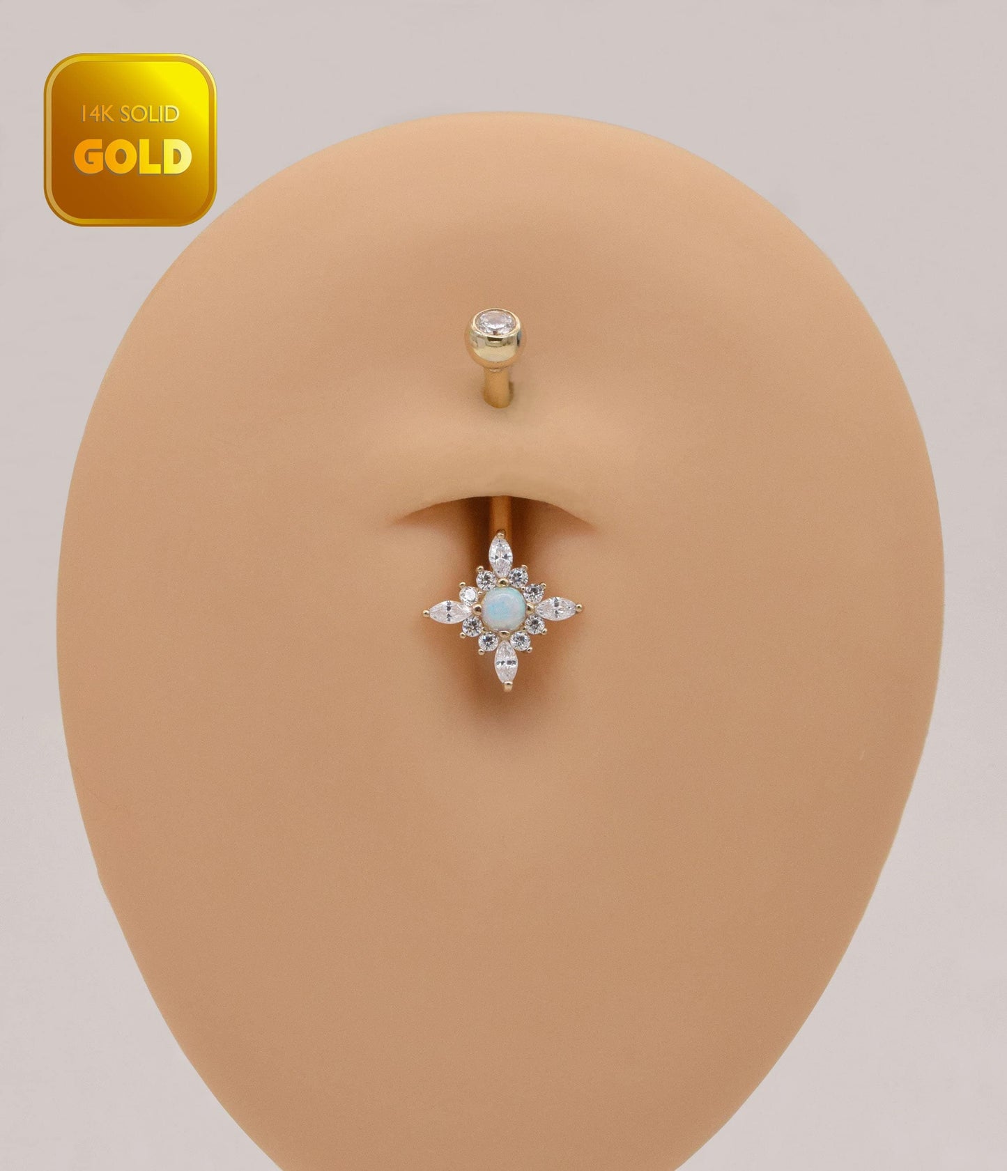 14k Solid Gold Flower Opal Belly Button Ring Dainty Opal Navel Piercing Threaded Navel Belly Ring Barbell Piercing Jewelry 14g