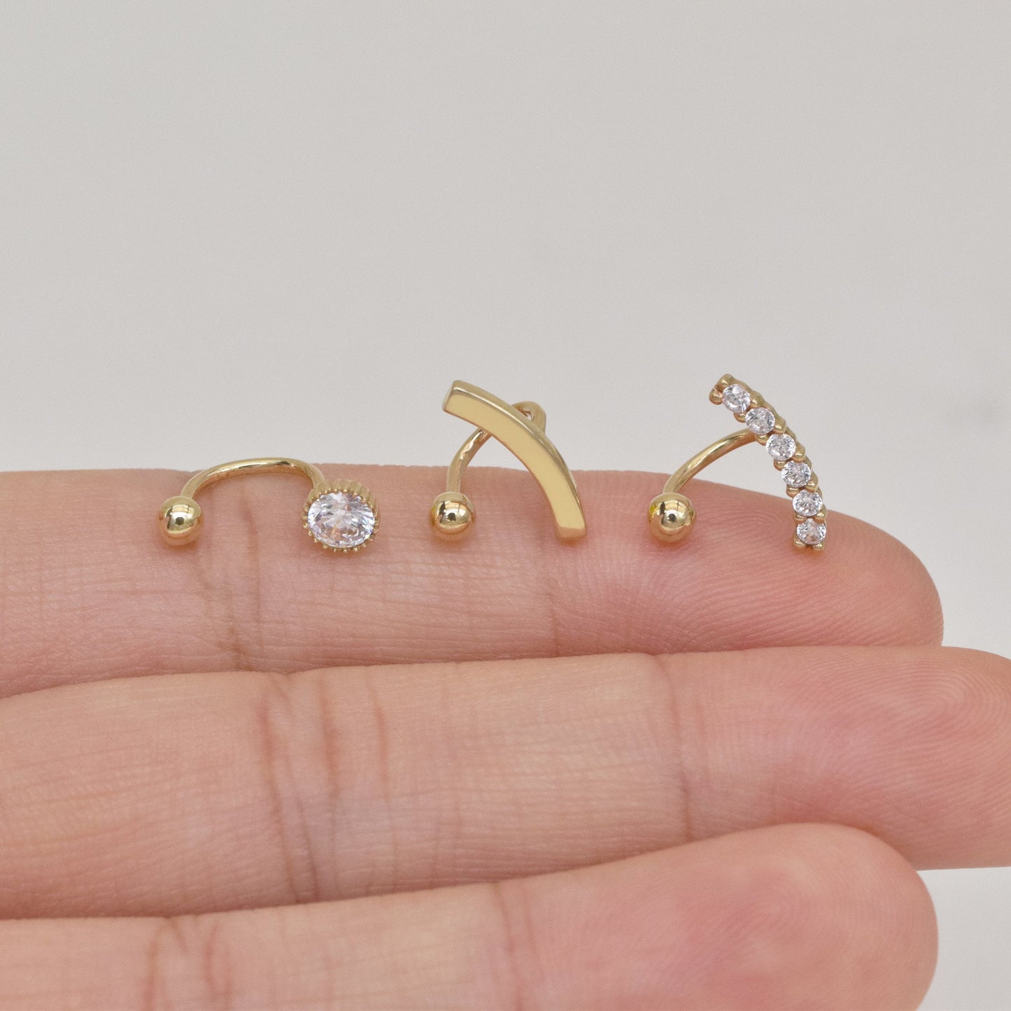 14k Solid Gold U Shape Double Hole Screw Ball Ear Piercing Open Huggie Earring Tragus Helix Cartilage Conch Cz Stud Earring Jewlery 18g