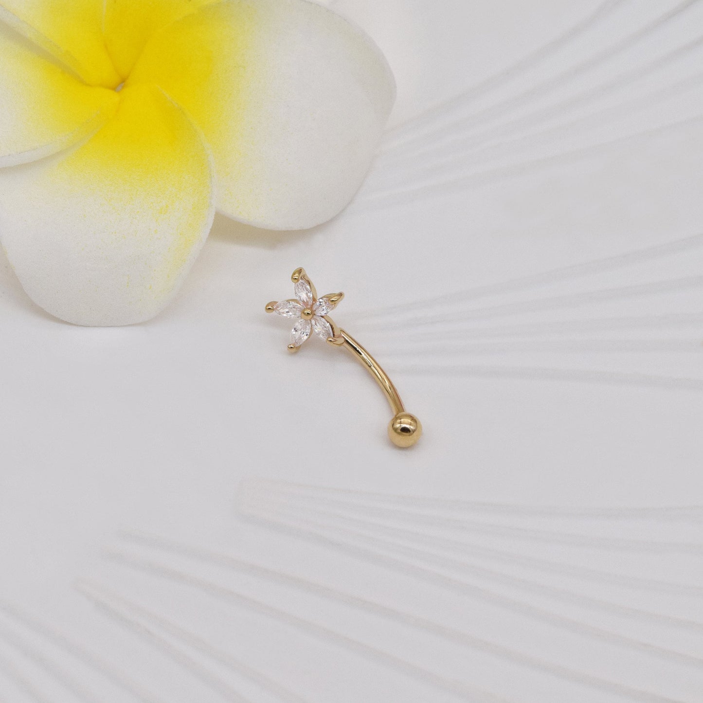 14k Solid Gold Flower Rook Earring Five Petals Earring Piercing Gold Navel Piercing CZ Belly Button Ring Navel Ring Gift For Her 16g